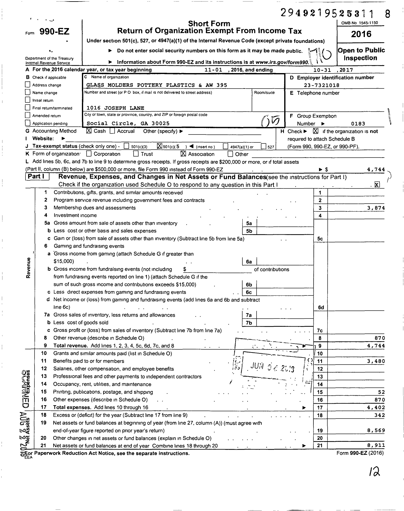 Image of first page of 2016 Form 990EO for United Steelworkers - 395m United Steelworkers Local