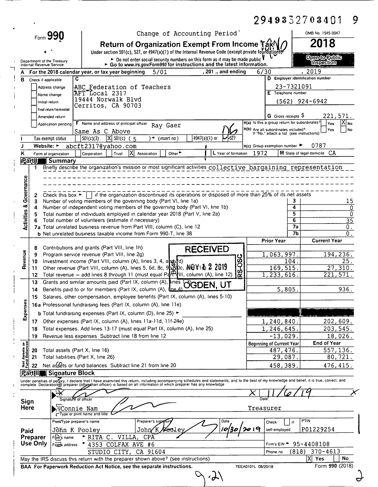 Image of first page of 2018 Form 990O for American Federation of Teachers - 2317 ABC Federation AFT