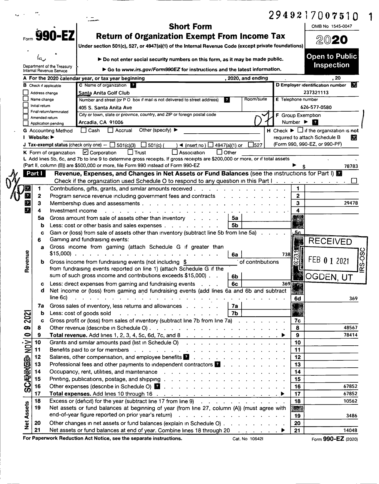 Image of first page of 2020 Form 990EO for Santa Anita Golf Club