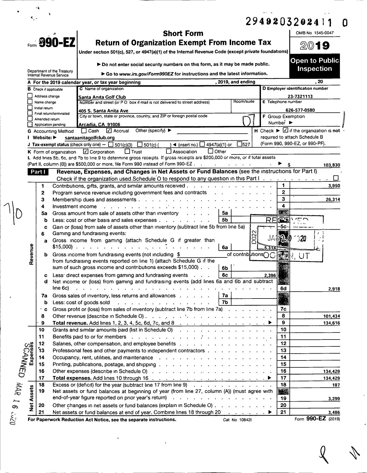 Image of first page of 2019 Form 990EO for Santa Anita Golf Club