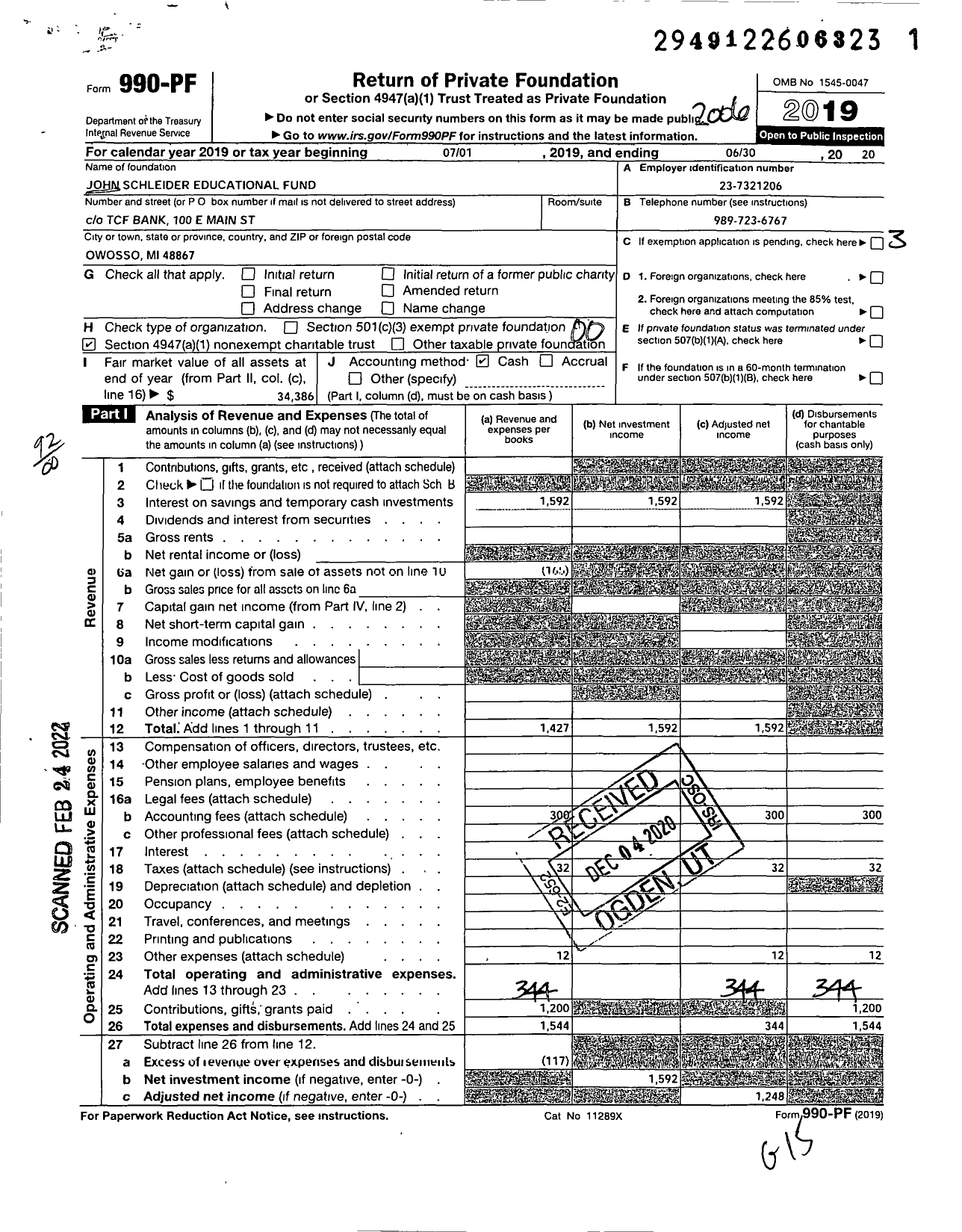 Image of first page of 2019 Form 990PF for John Schleider Educational Fund