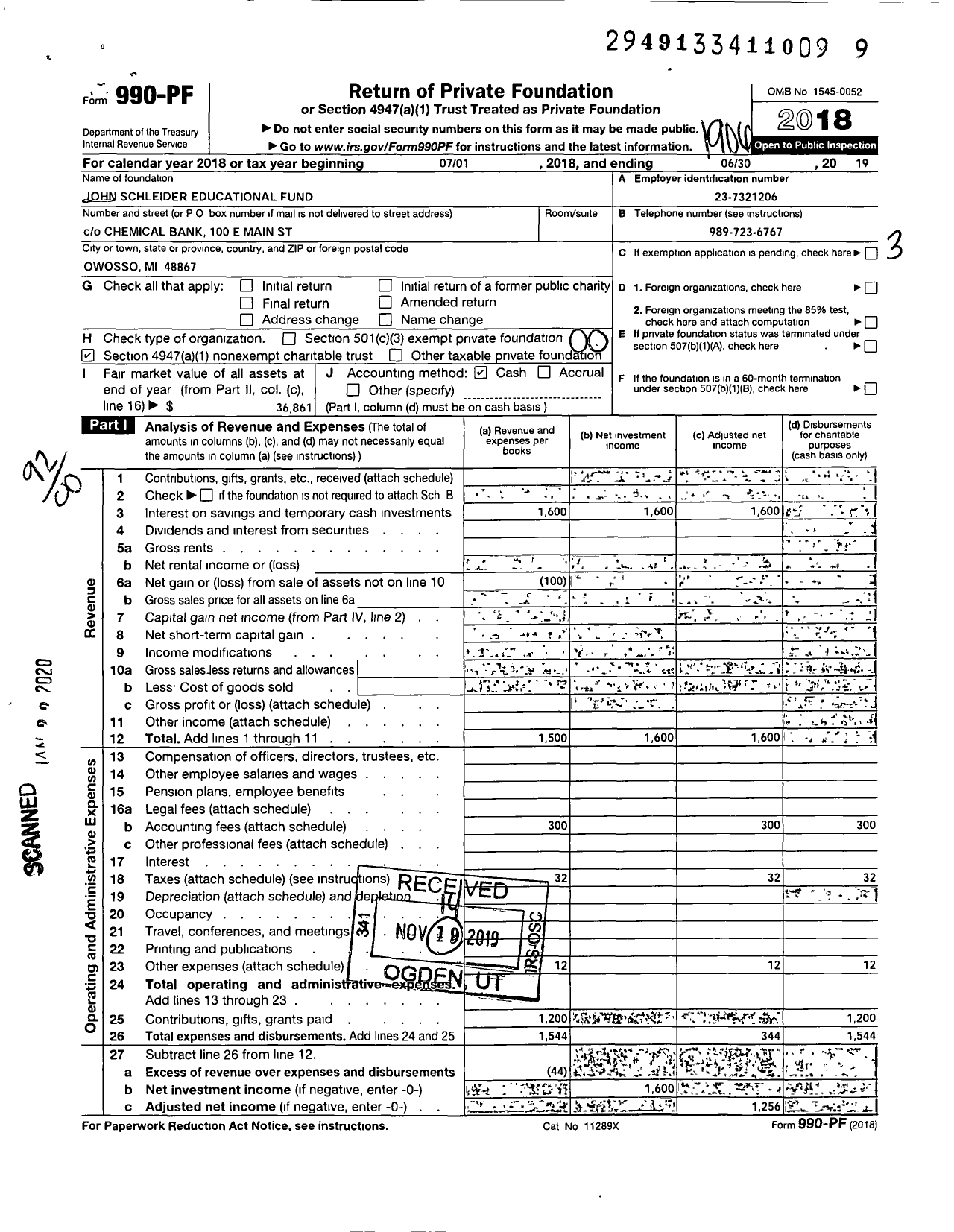 Image of first page of 2018 Form 990PF for John Schleider Educational Fund