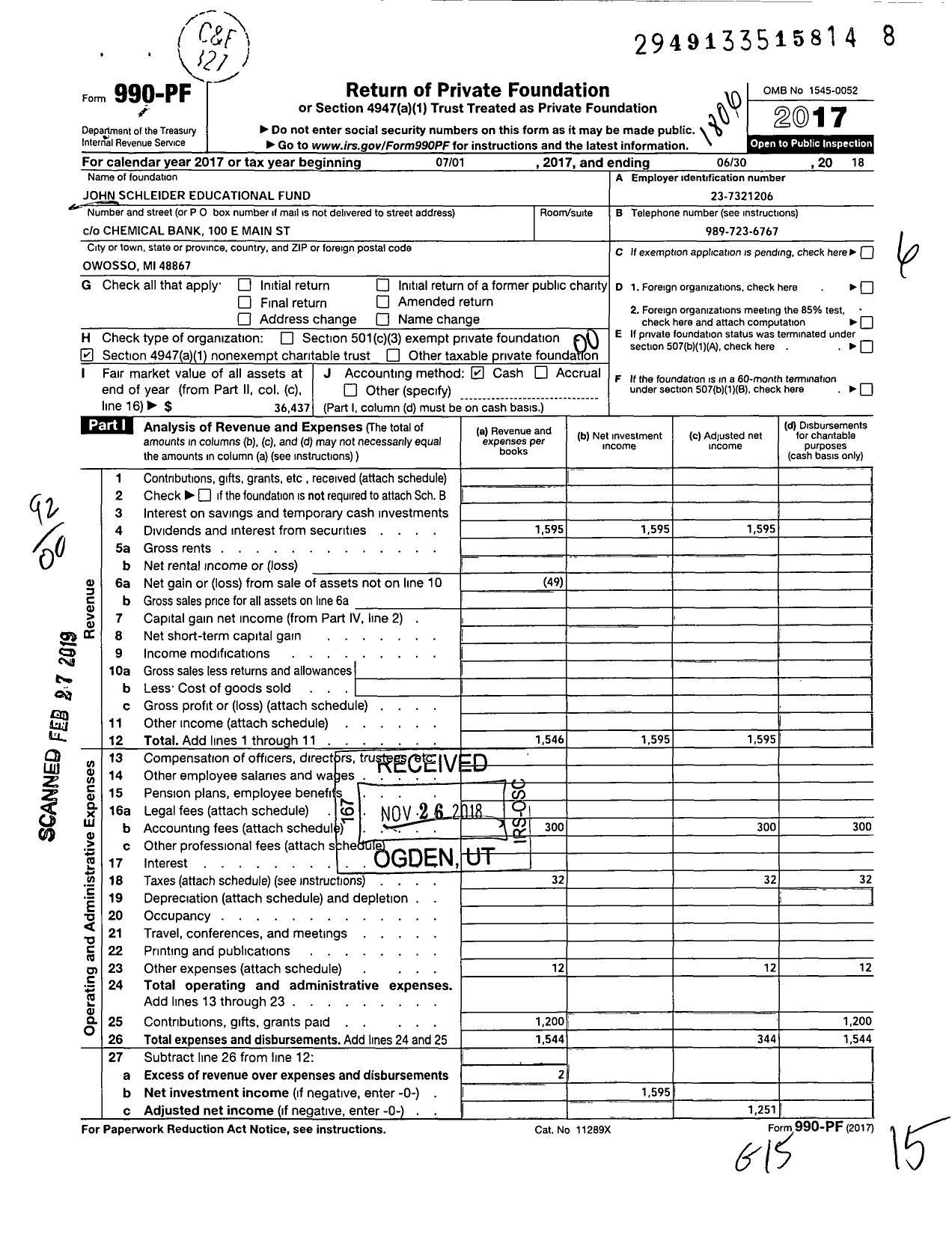 Image of first page of 2017 Form 990PF for John Schleider Educational Fund