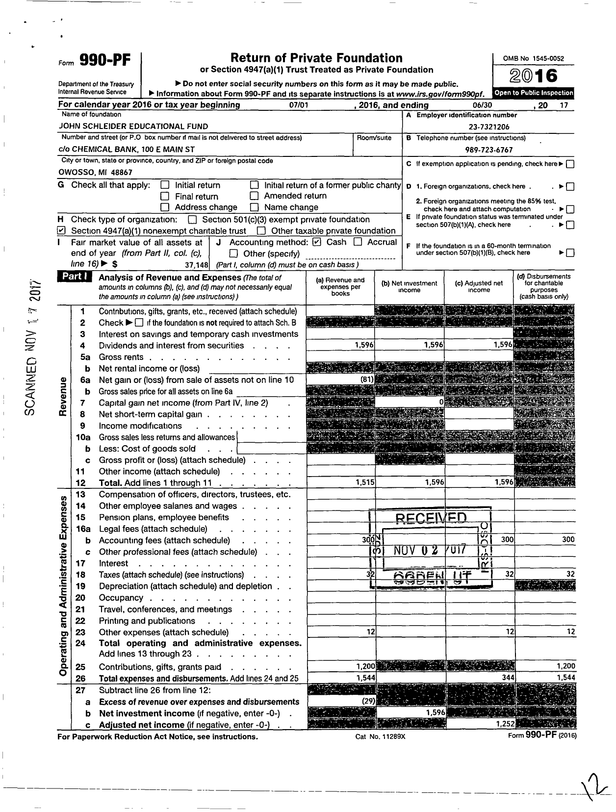 Image of first page of 2016 Form 990PF for John Schleider Educational Fund