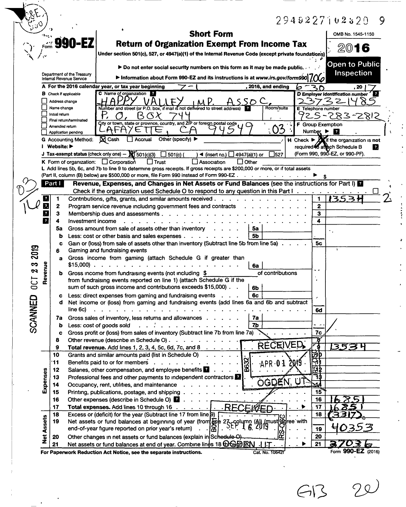 Image of first page of 2016 Form 990EZ for Happy Valley Imp Association