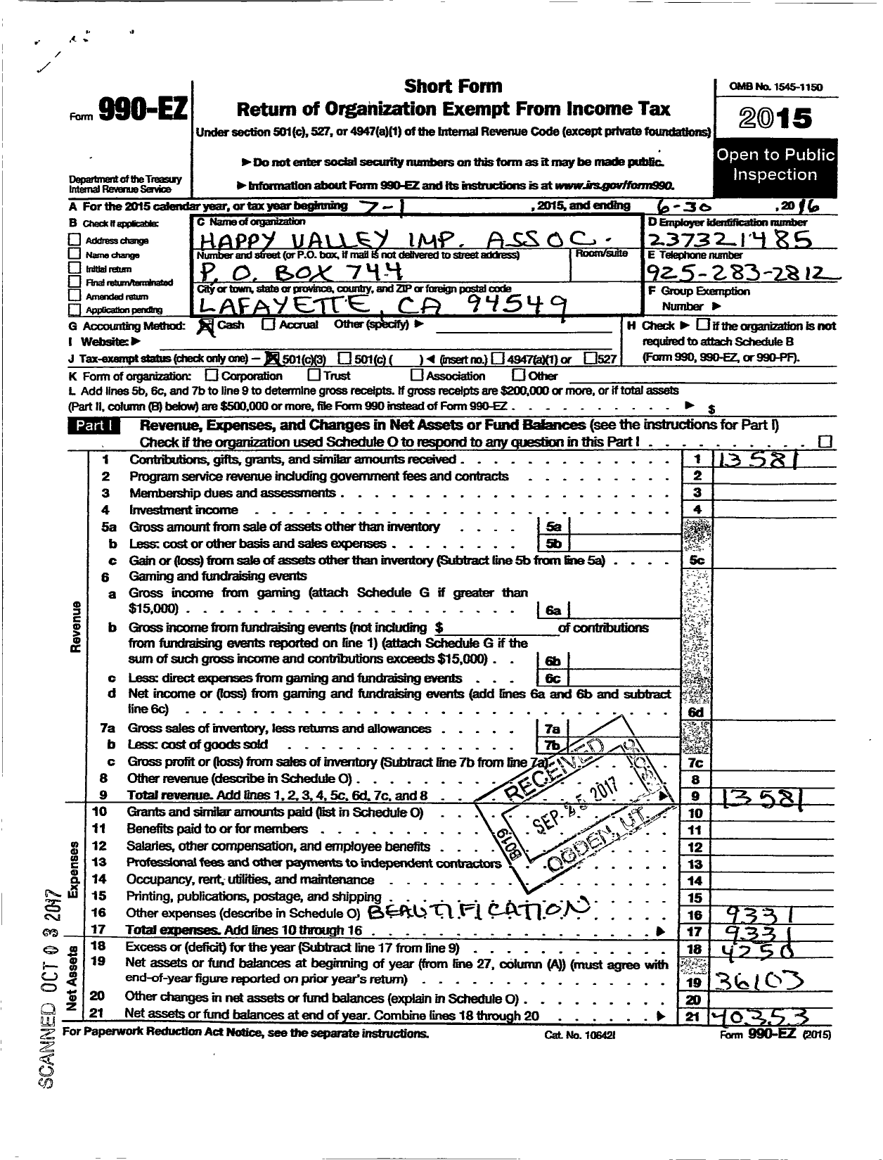 Image of first page of 2015 Form 990EZ for Happy Valley Imp Association