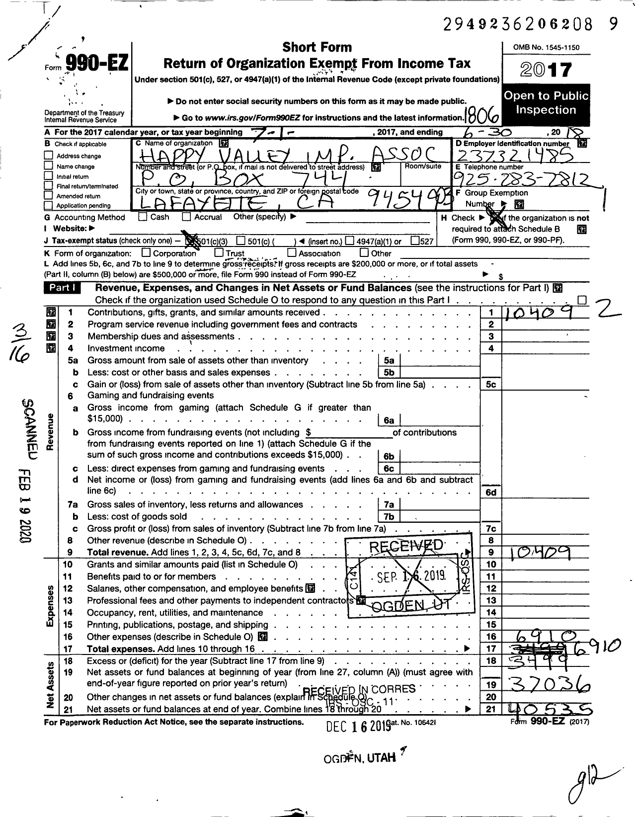 Image of first page of 2017 Form 990EZ for Happy Valley Imp Association