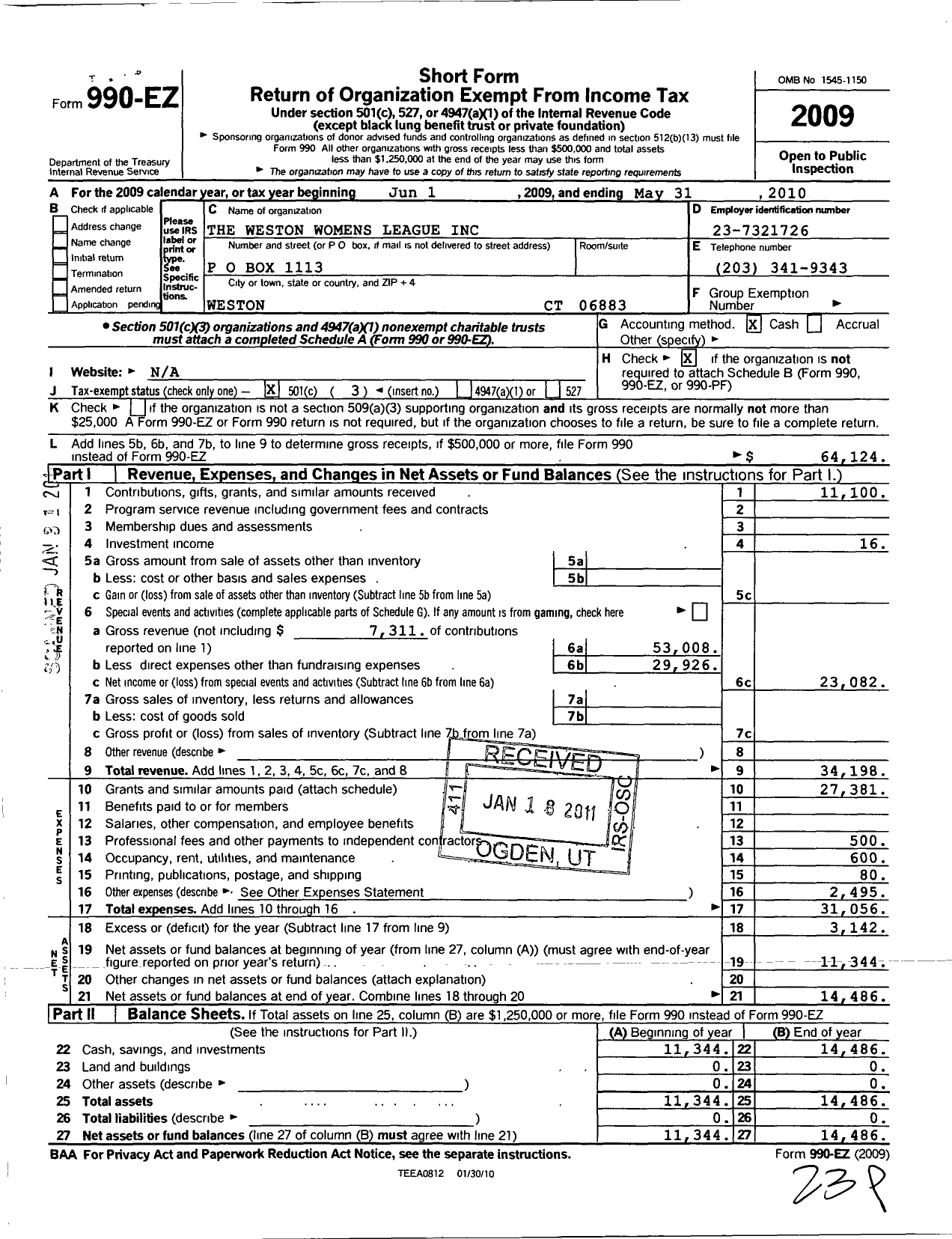 Image of first page of 2009 Form 990EZ for The Weston Womens League Incorporated