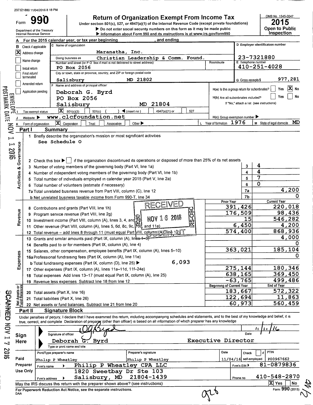 Image of first page of 2015 Form 990 for Maranatha