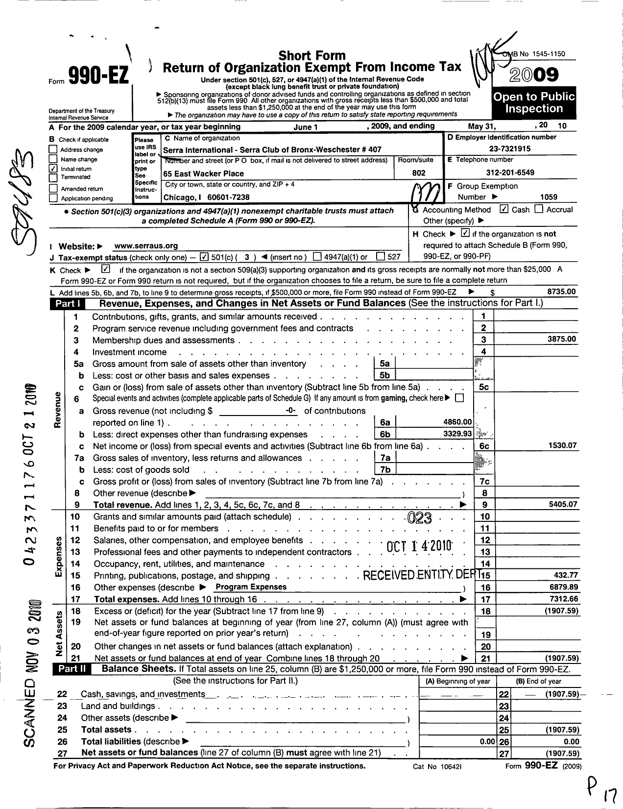 Image of first page of 2009 Form 990EZ for Serra International - 407 Bronx-Westchester County