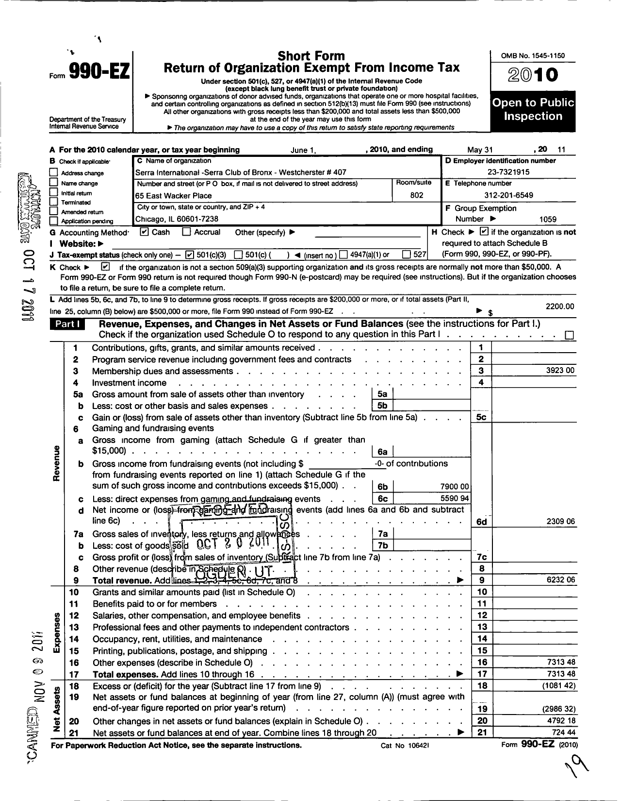 Image of first page of 2010 Form 990EZ for Serra International - 407 Bronx-Westchester County