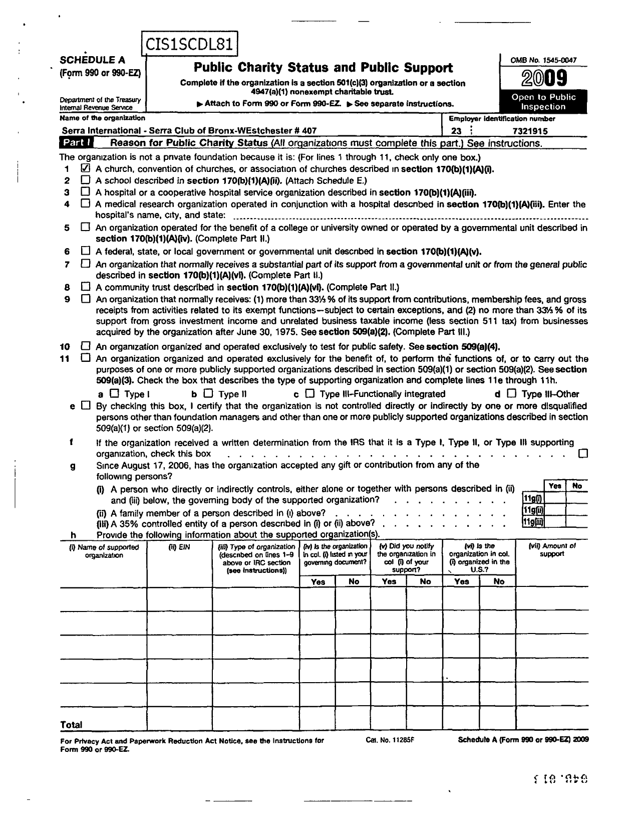 Image of first page of 2009 Form 990ER for Serra International - 407 Bronx-Westchester County