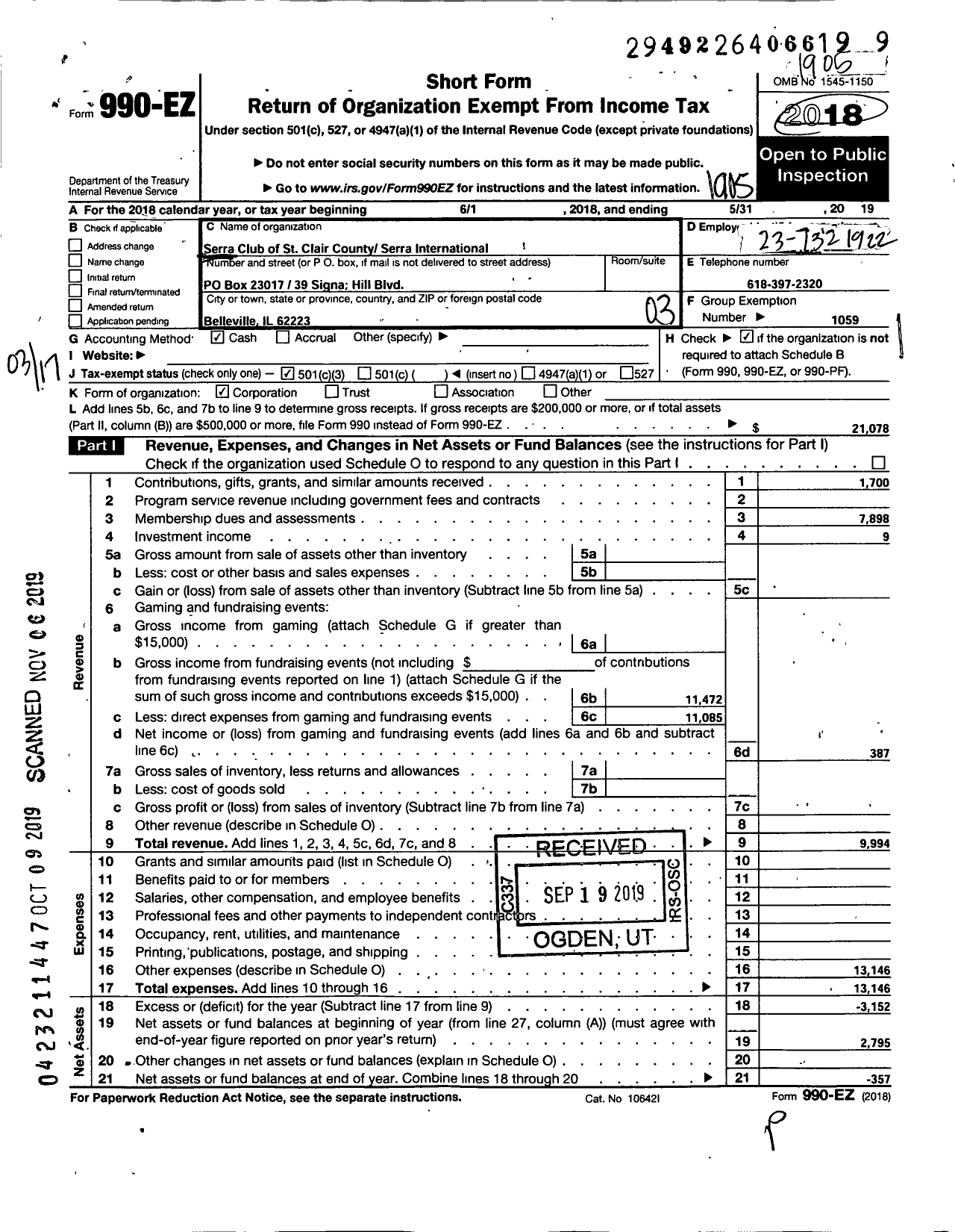 Image of first page of 2018 Form 990EZ for Serra International - 35 St Clair County Serra Club