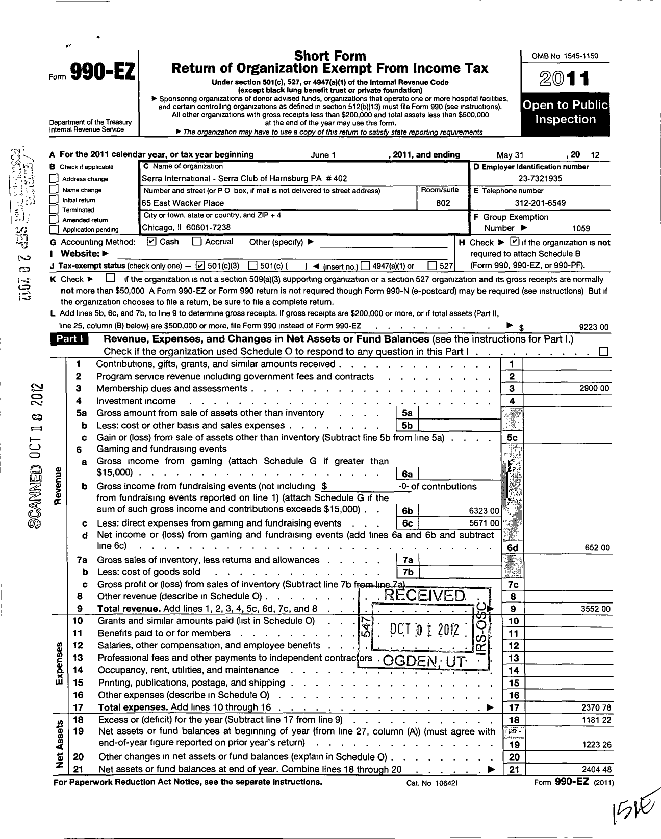 Image of first page of 2011 Form 990EZ for Serra International - 402 Harrisburg Serra Club