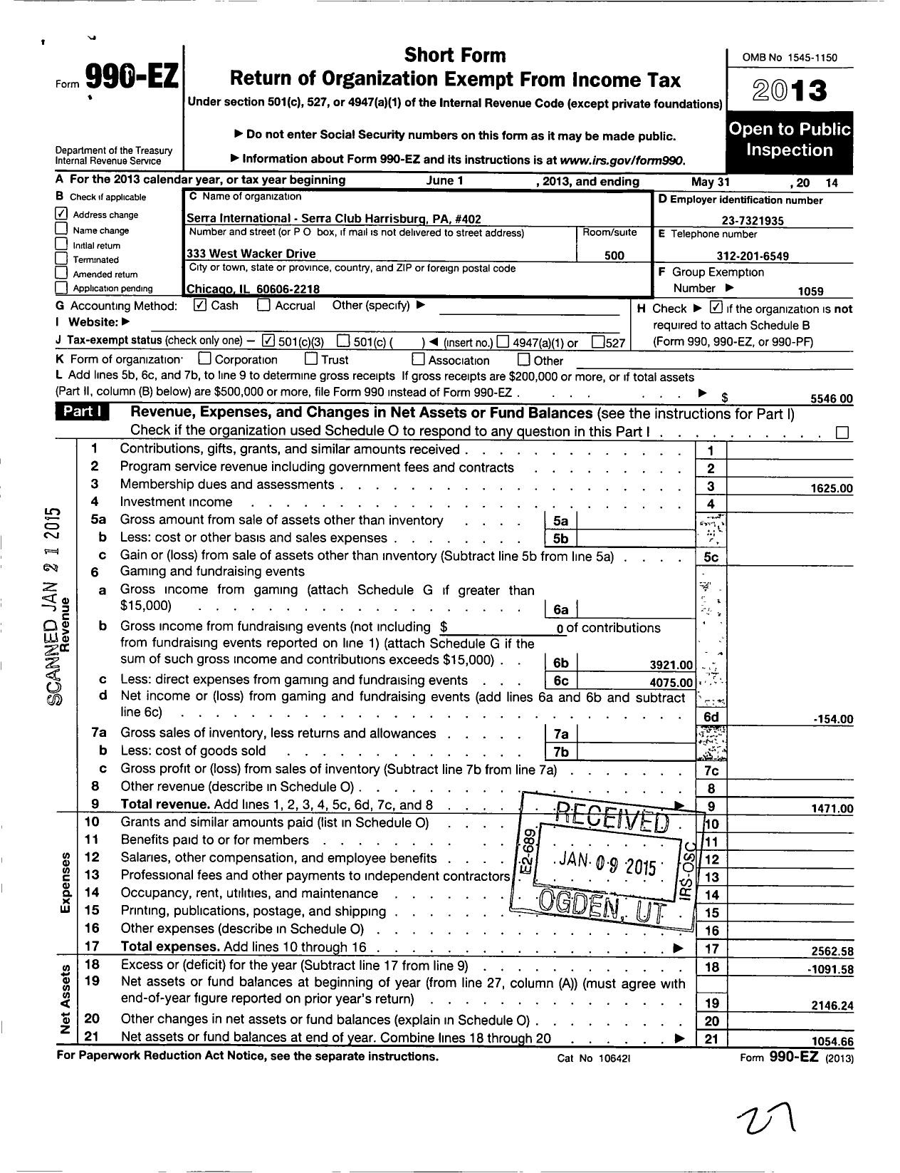 Image of first page of 2013 Form 990EZ for Serra International - 402 Harrisburg Serra Club