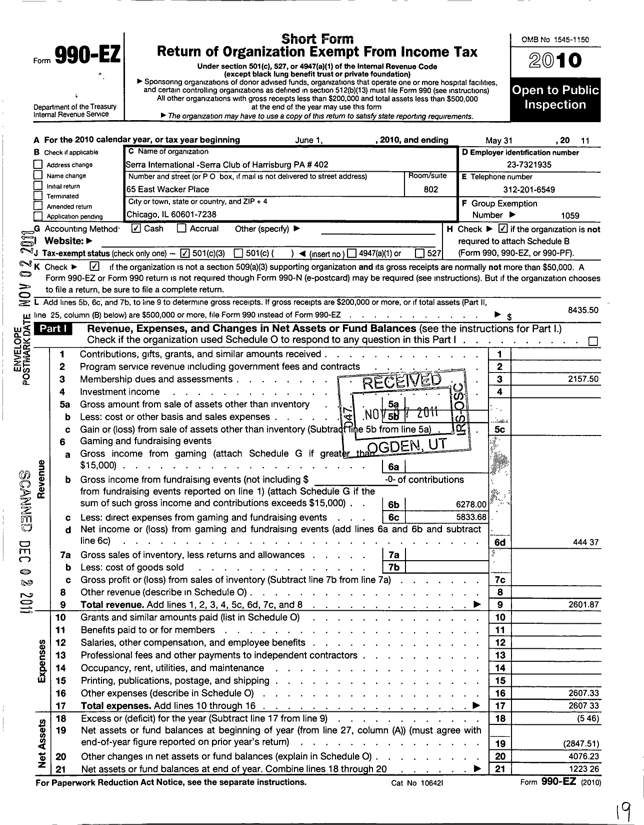 Image of first page of 2010 Form 990EZ for Serra International - 402 Harrisburg Serra Club