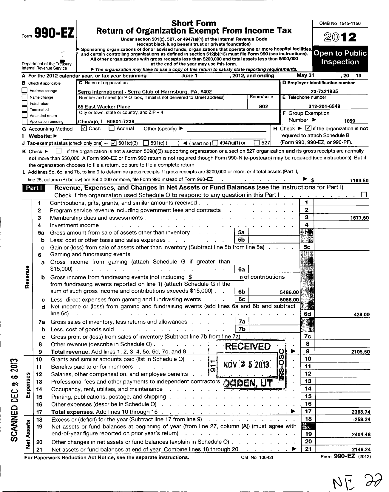 Image of first page of 2012 Form 990EZ for Serra International - 402 Harrisburg Serra Club