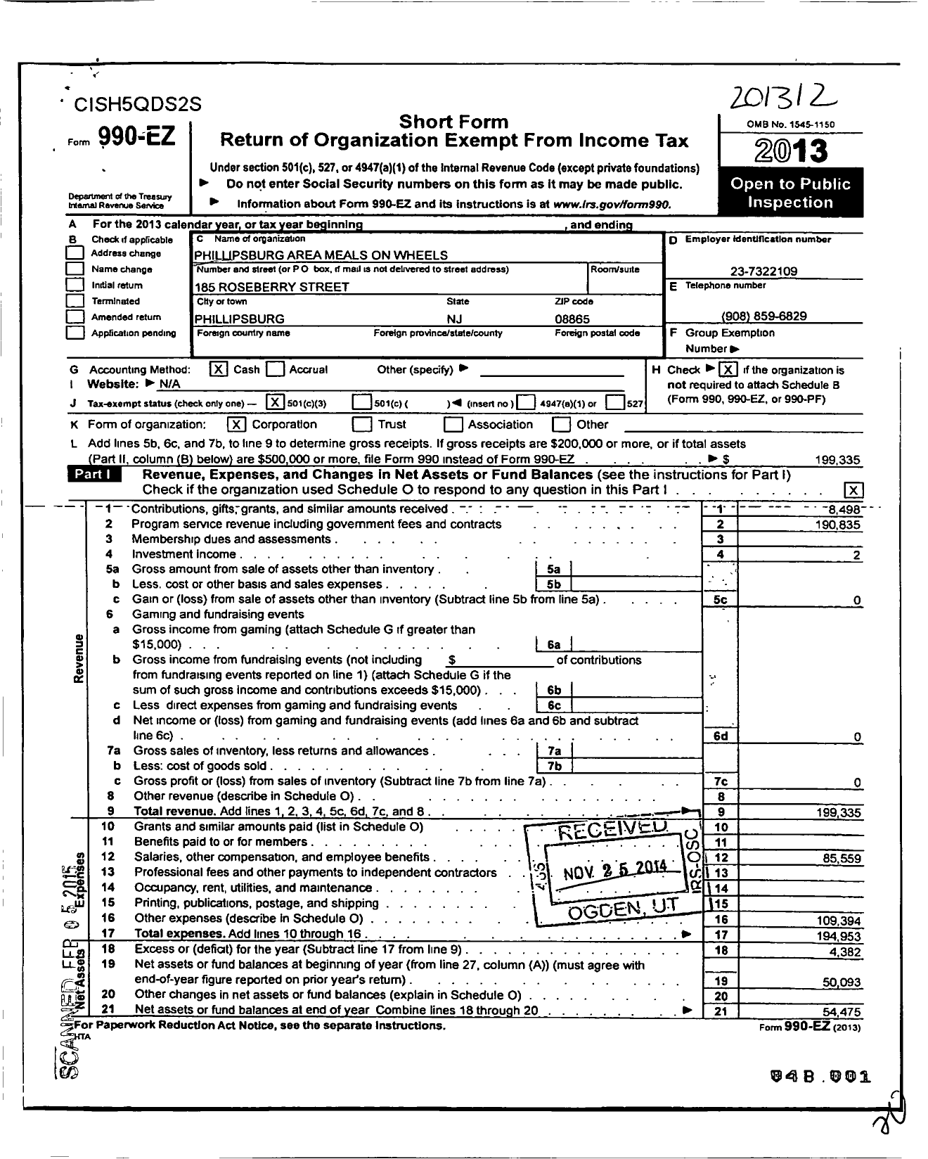 Image of first page of 2013 Form 990EZ for Phillipsburg Area Meals on Wheels