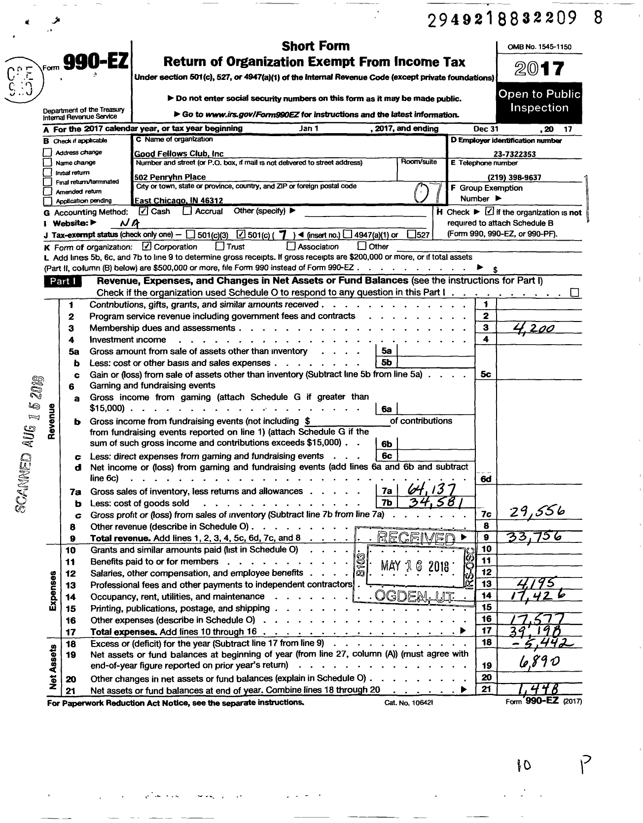 Image of first page of 2017 Form 990EO for Good Fellows Club