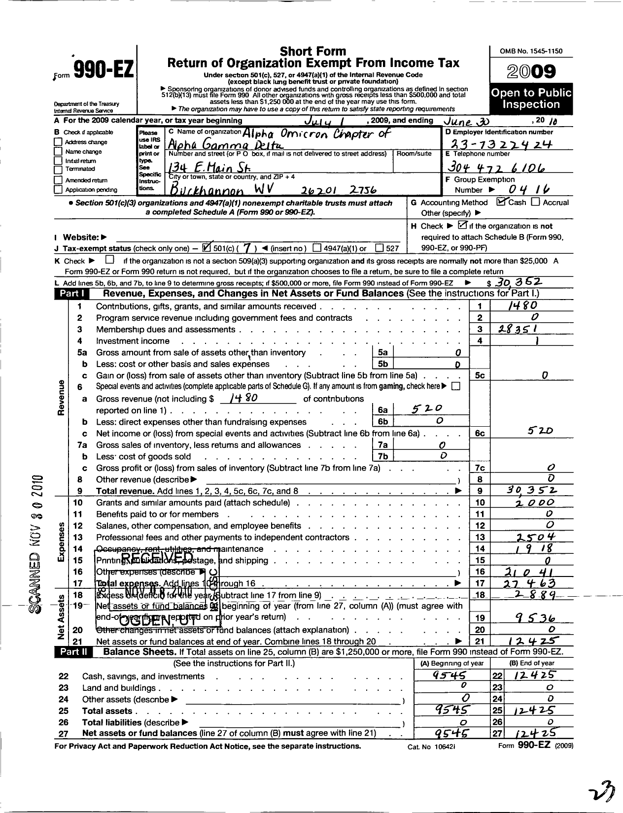 Image of first page of 2009 Form 990EO for Alpha Gamma Delta Fraternity - Alpha Omicron Chapter