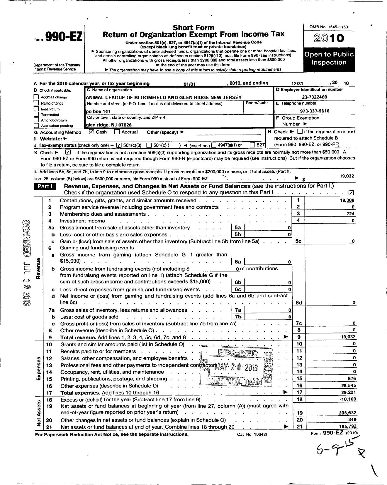 Image of first page of 2010 Form 990EZ for Animal League of Bloomfield and Glen Ridge New Jersey