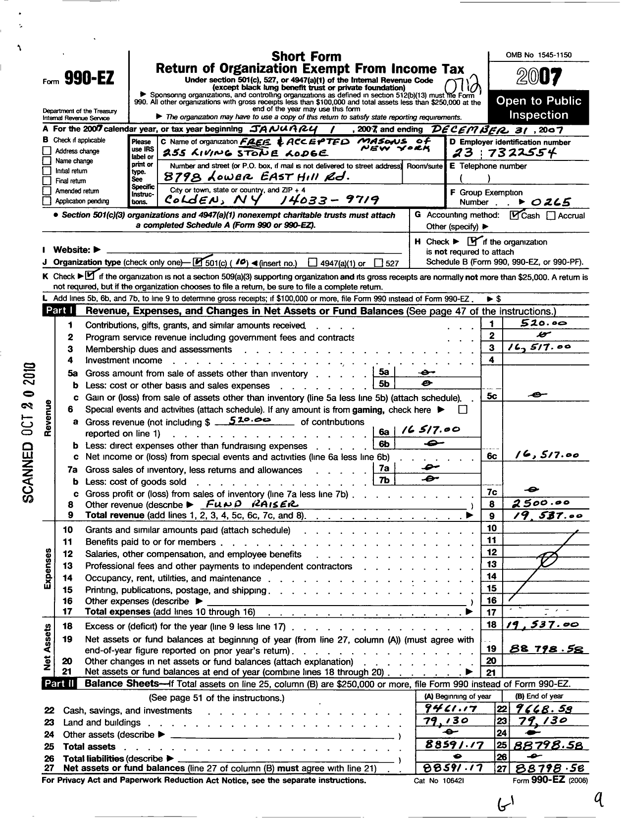 Image of first page of 2007 Form 990EO for Free and Accepted Masons of New York - 255 Living Stone Lodge