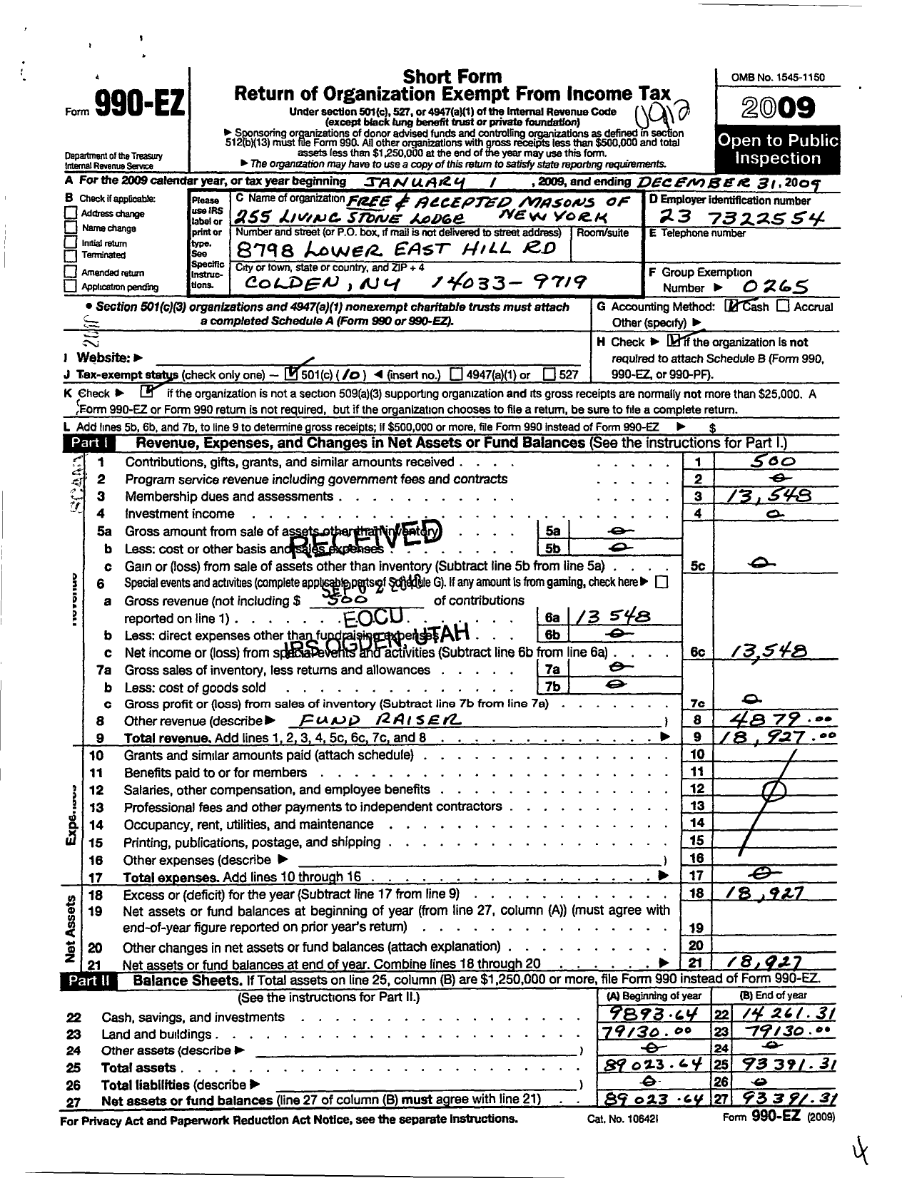 Image of first page of 2009 Form 990EO for Free and Accepted Masons of New York - 255 Living Stone Lodge