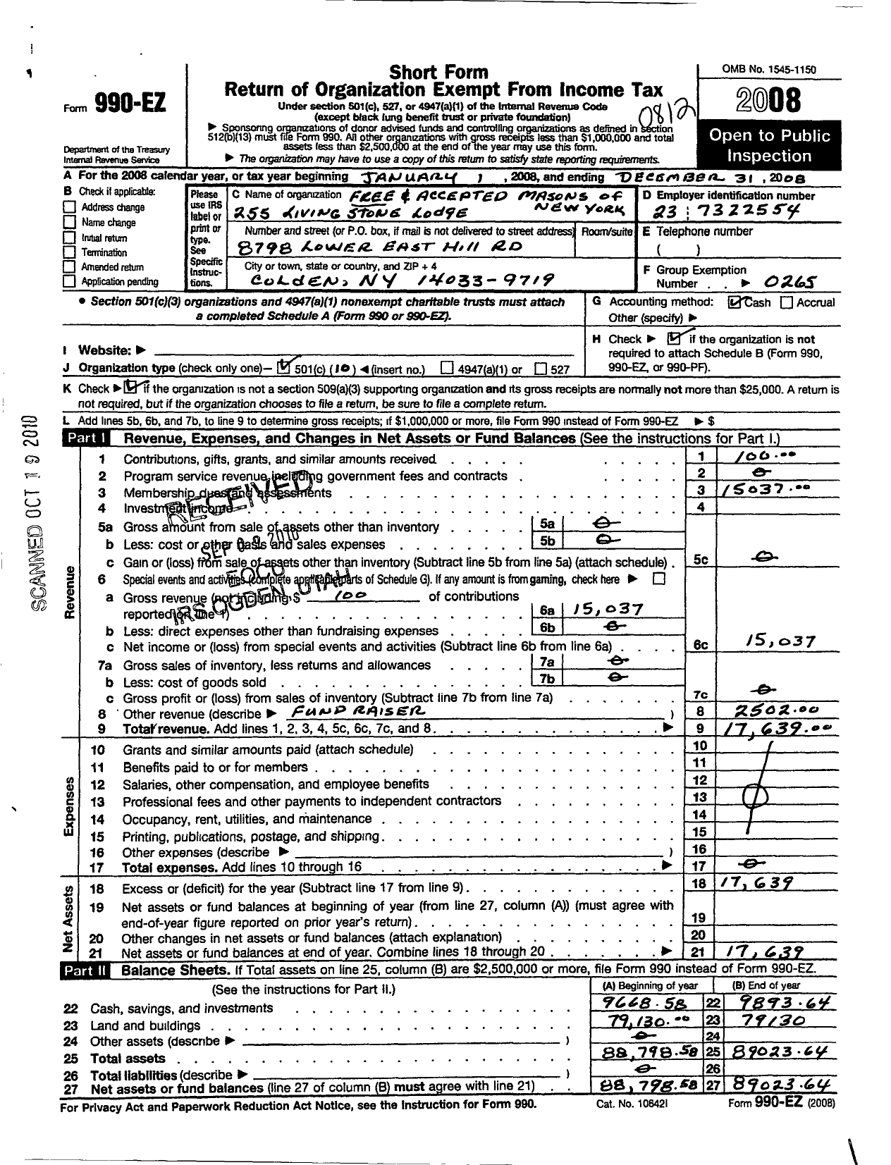 Image of first page of 2008 Form 990EO for Free and Accepted Masons of New York - 255 Living Stone Lodge