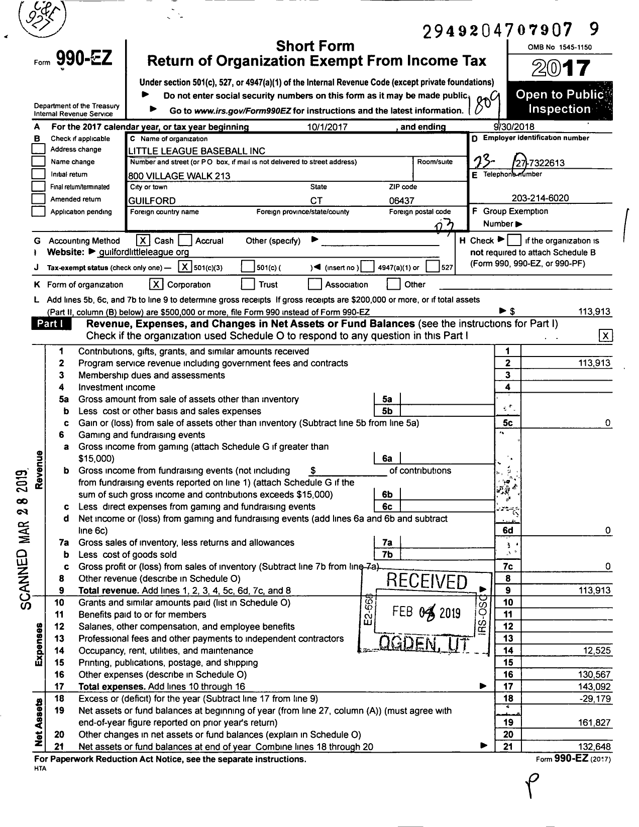 Image of first page of 2017 Form 990EZ for Little League Baseball - 2070907 Guilford LL