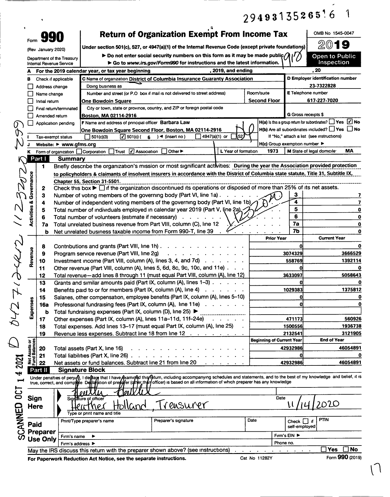 Image of first page of 2019 Form 990O for District of Columbia Insurance Guaranty Association