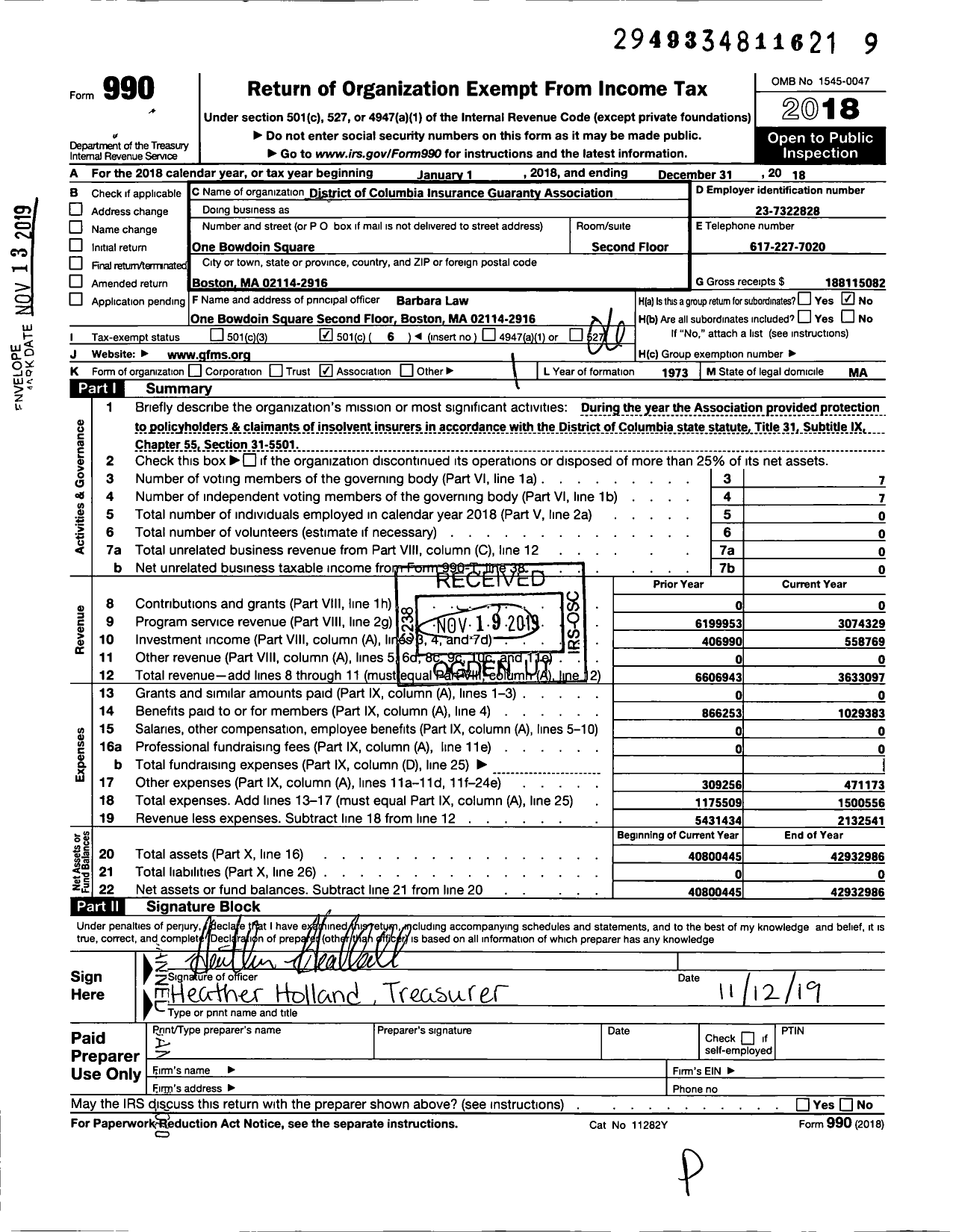 Image of first page of 2018 Form 990O for District of Columbia Insurance Guaranty Association