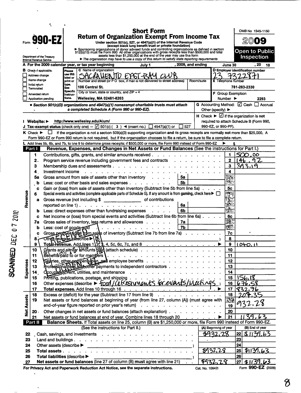 Image of first page of 2009 Form 990EZ for Wellesley College Alumnae Association / Sacramento Area Wellesley Club