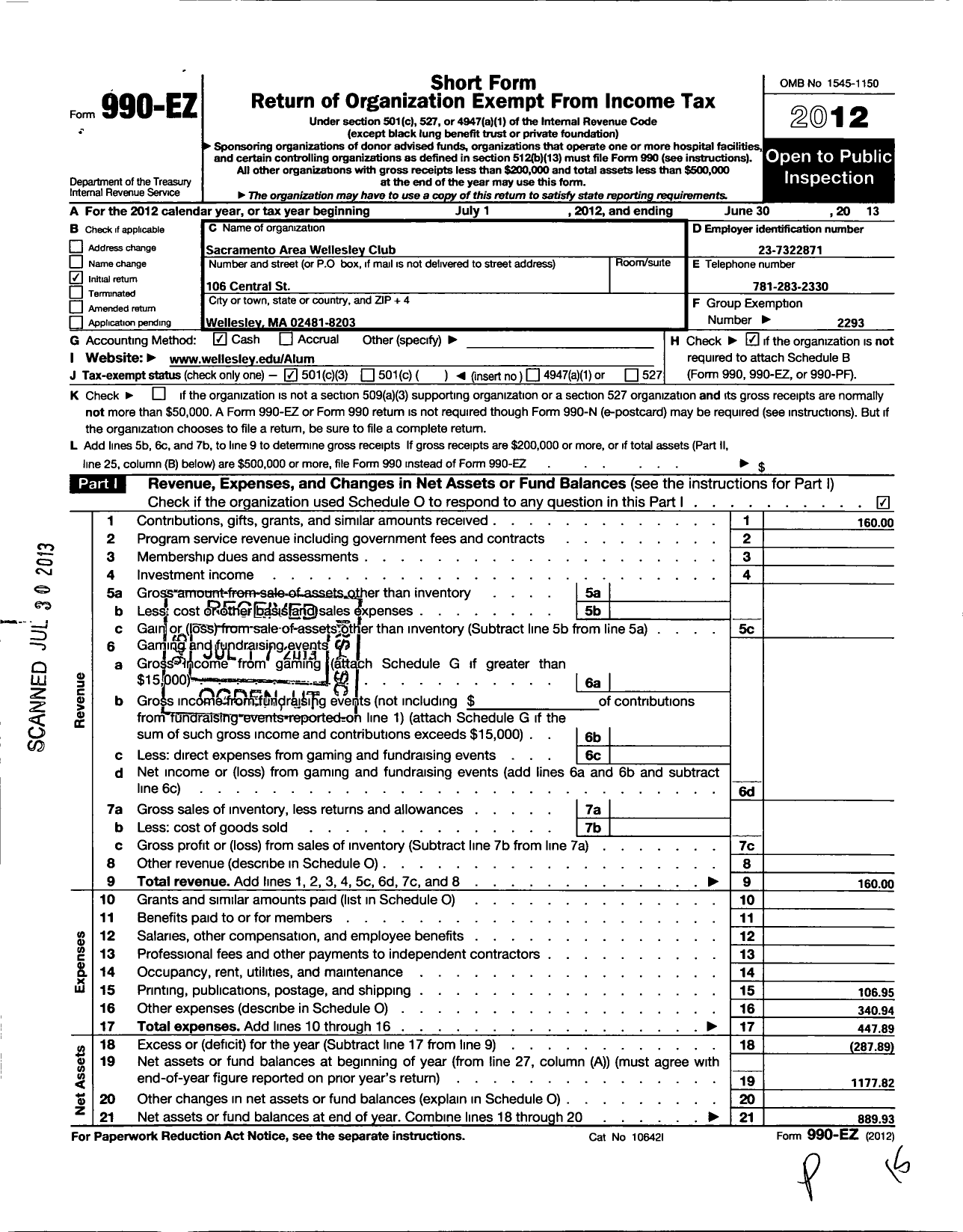 Image of first page of 2012 Form 990EZ for Wellesley College Alumnae Association / Sacramento Area Wellesley Club