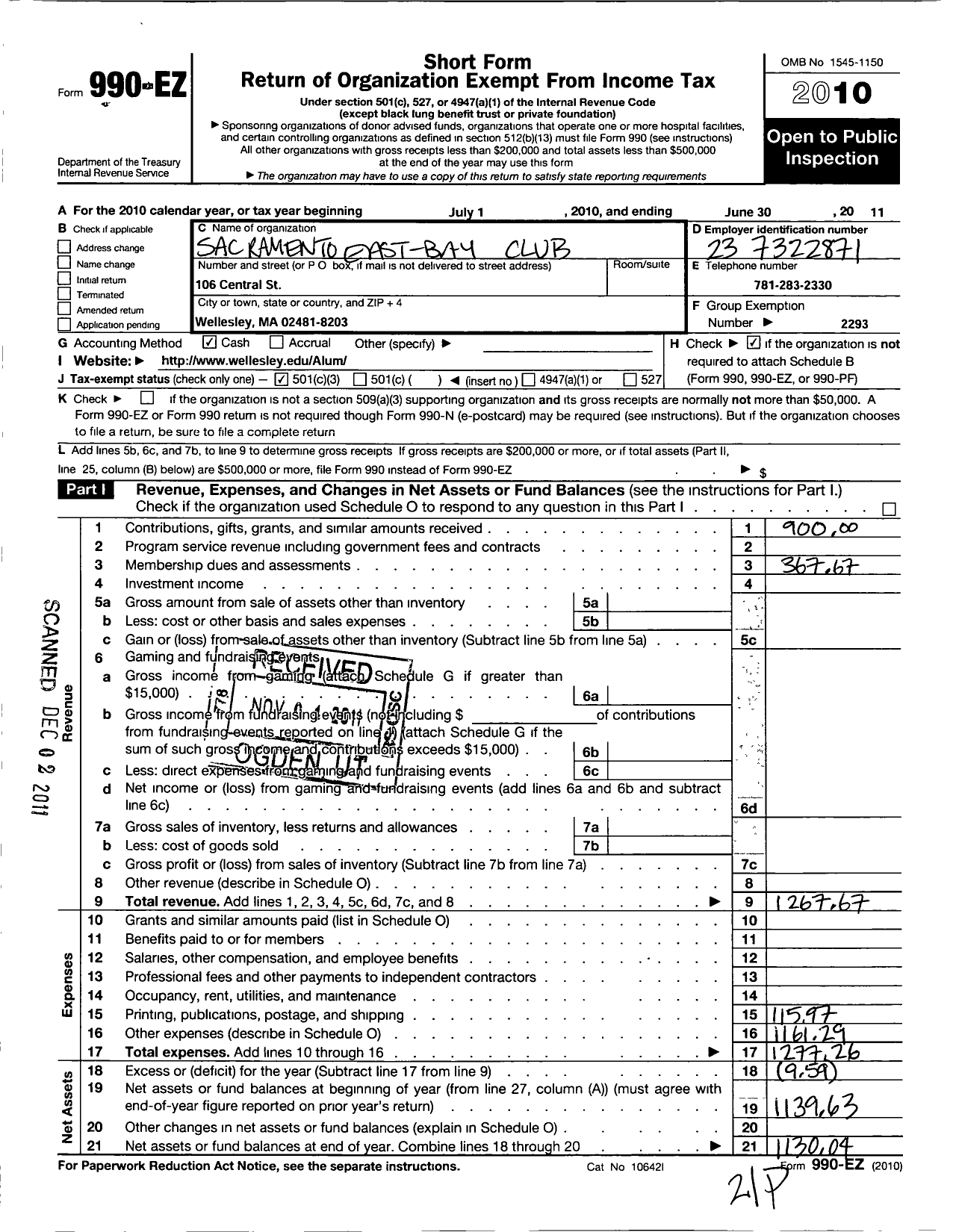 Image of first page of 2010 Form 990EZ for Wellesley College Alumnae Association / Sacramento Area Wellesley Club