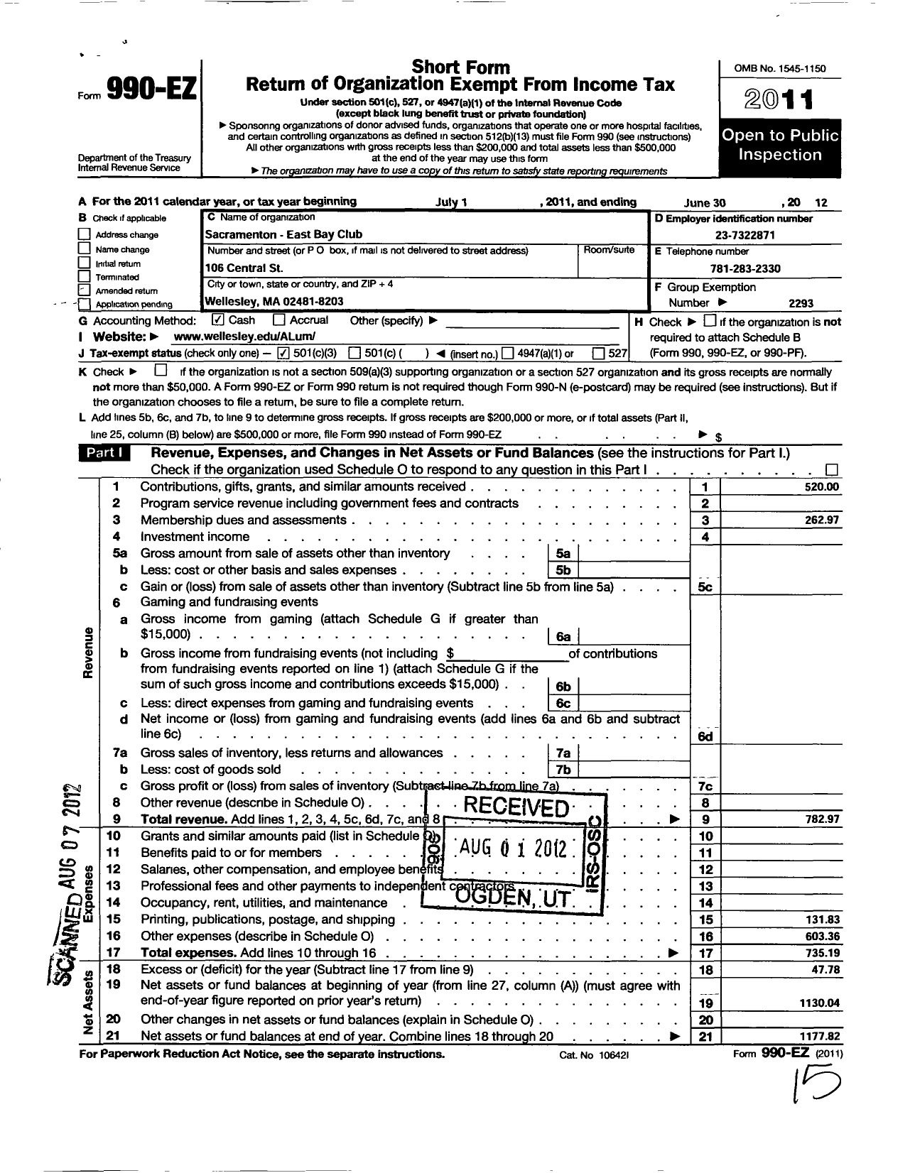 Image of first page of 2011 Form 990EZ for Wellesley College Alumnae Association / Sacramento Area Wellesley Club