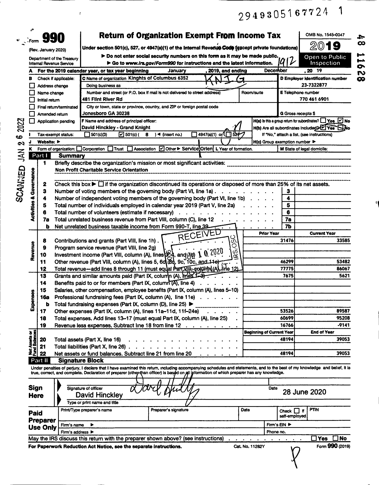 Image of first page of 2019 Form 990O for Knights of Columbus - 6352 Tara Council