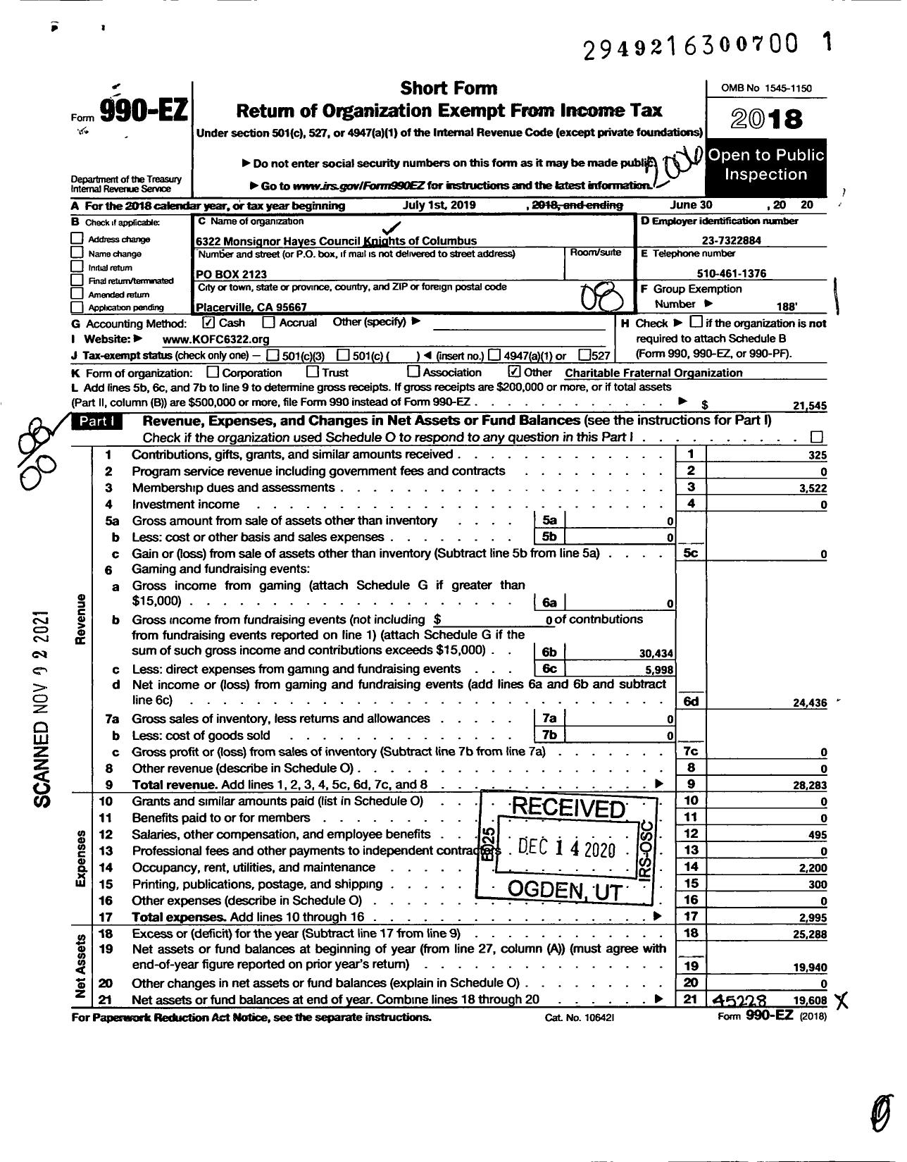 Image of first page of 2019 Form 990EO for Knights of Columbus - 6322 Monsignor Hayes Council