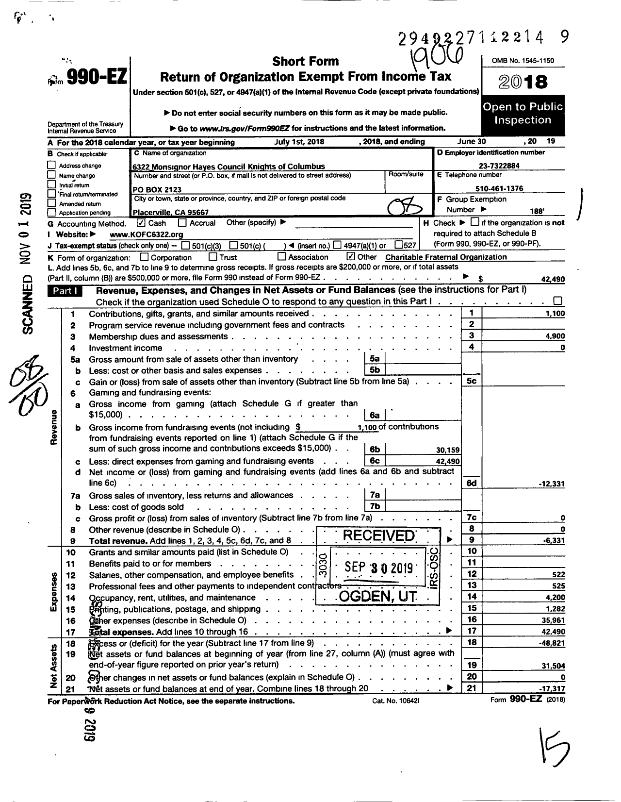 Image of first page of 2018 Form 990EO for Knights of Columbus - 6322 Monsignor Hayes Council