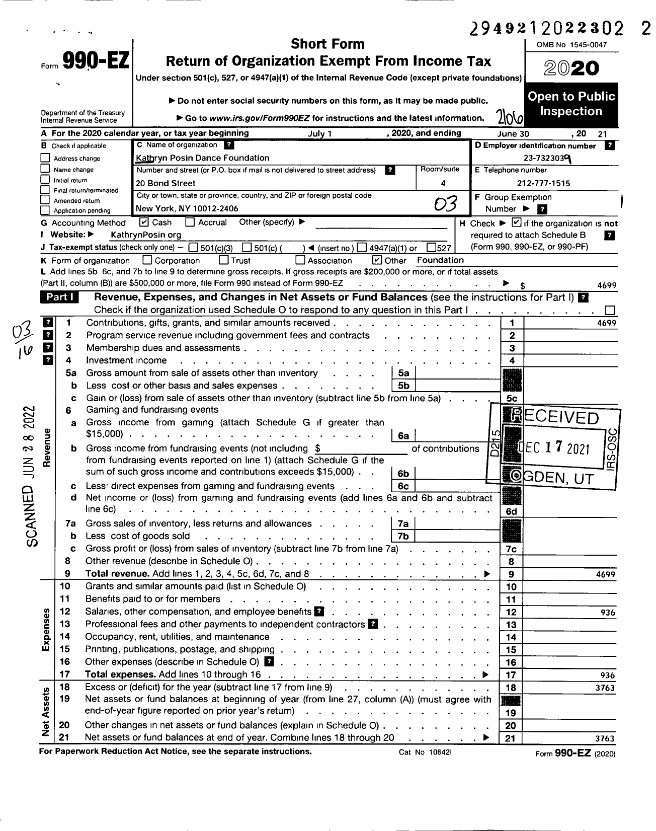 Image of first page of 2020 Form 990EZ for Kathryn Posin Dance Foundation