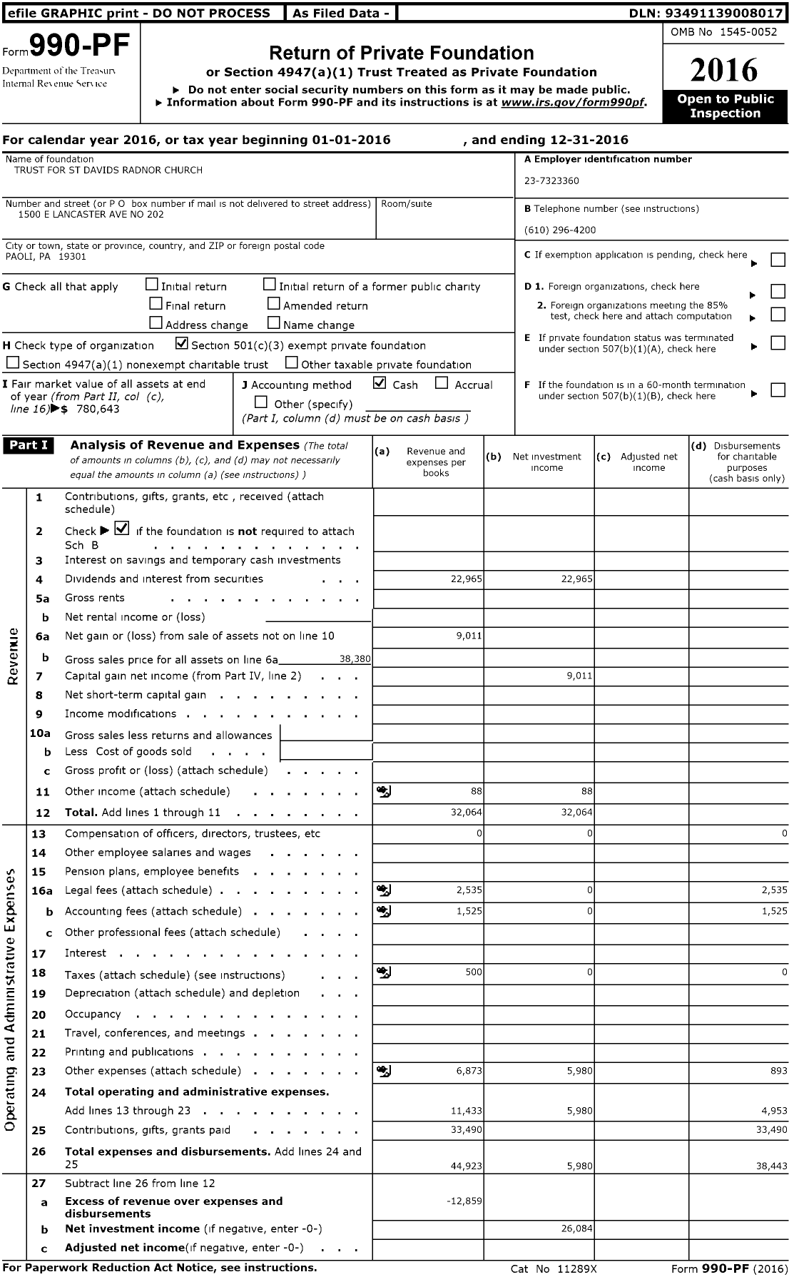 Image of first page of 2016 Form 990PF for Trust for St Davids Radnor Church