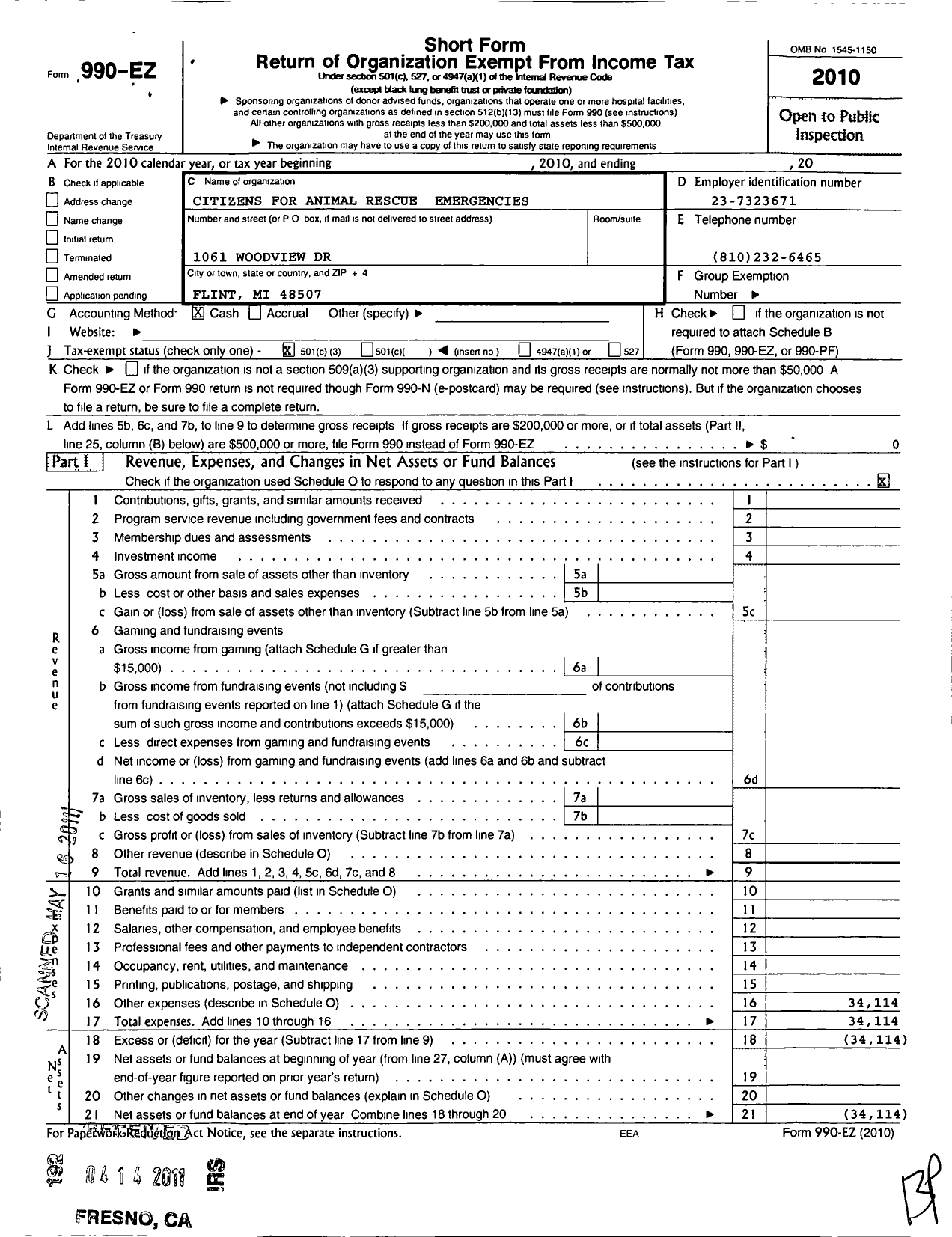 Image of first page of 2010 Form 990EZ for Citizens for Animal Rescue and Emergencies