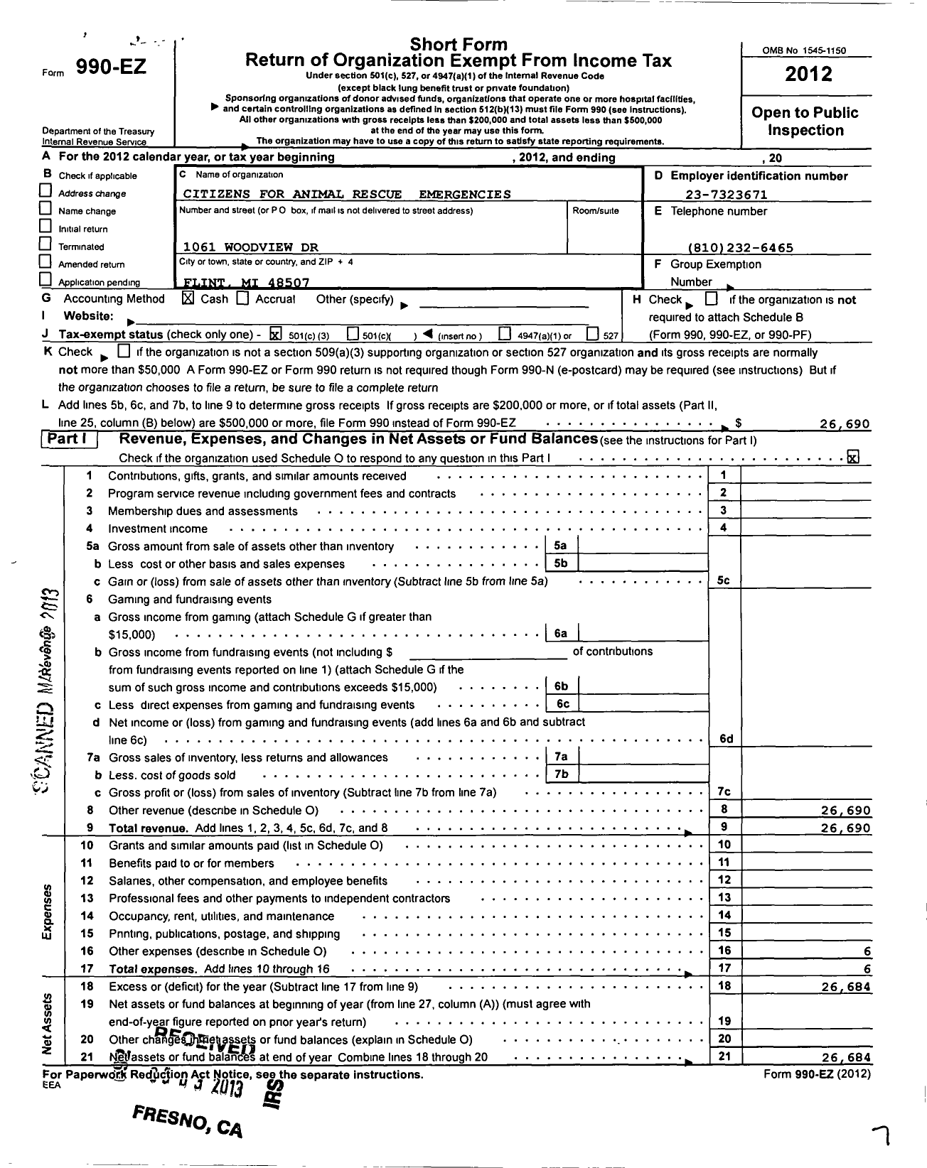 Image of first page of 2012 Form 990EZ for Citizens for Animal Rescue and Emergencies