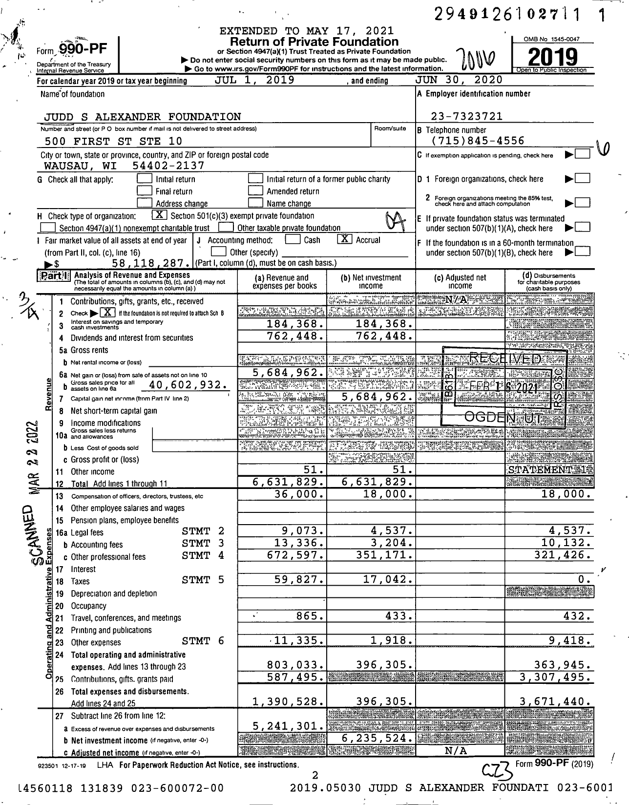 Image of first page of 2019 Form 990PF for Judd S Alexander Foundation