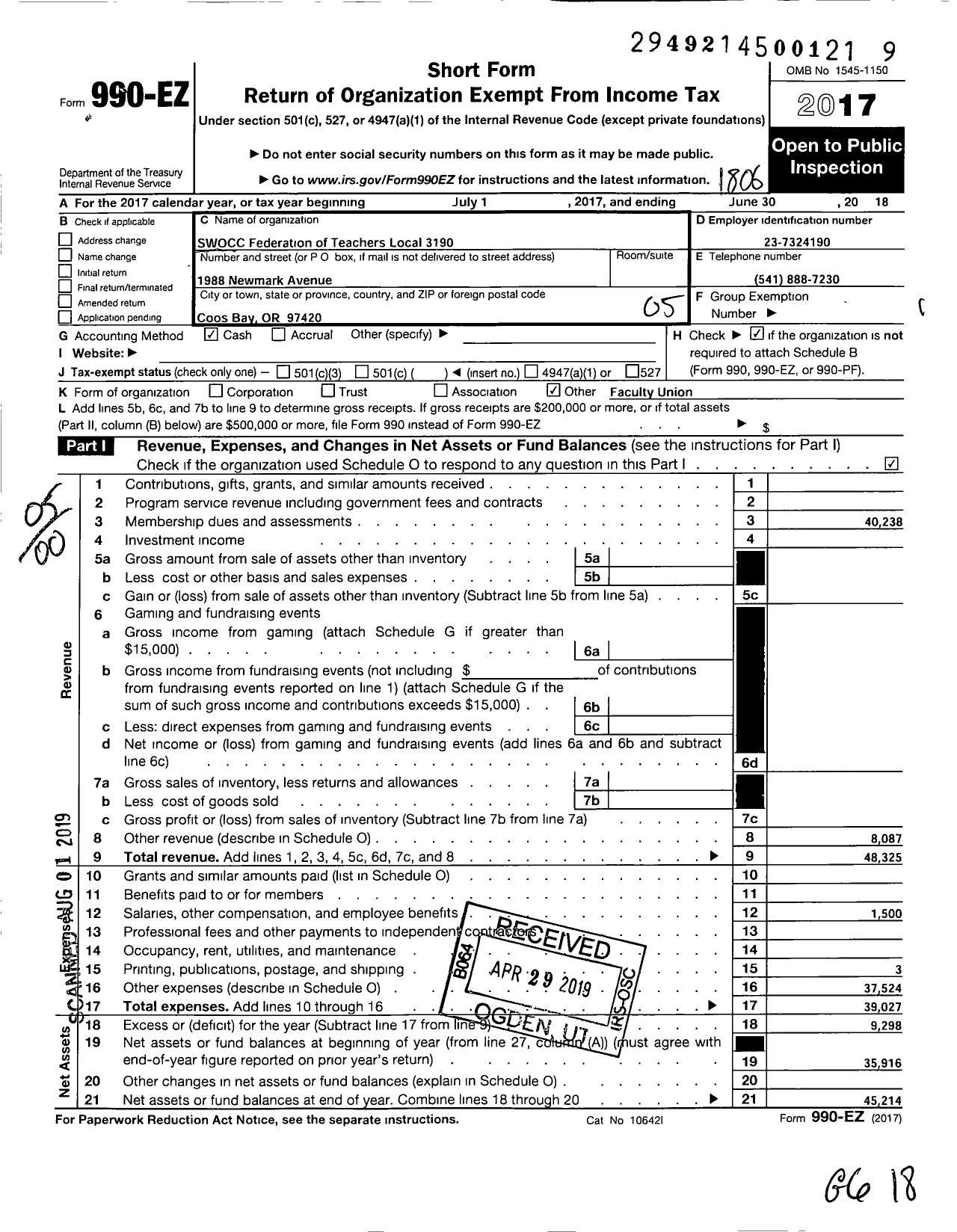 Image of first page of 2017 Form 990EO for American FEDERATION OF TEACHERS - 3190 SWOCC FEDERATION OF TEACHERS