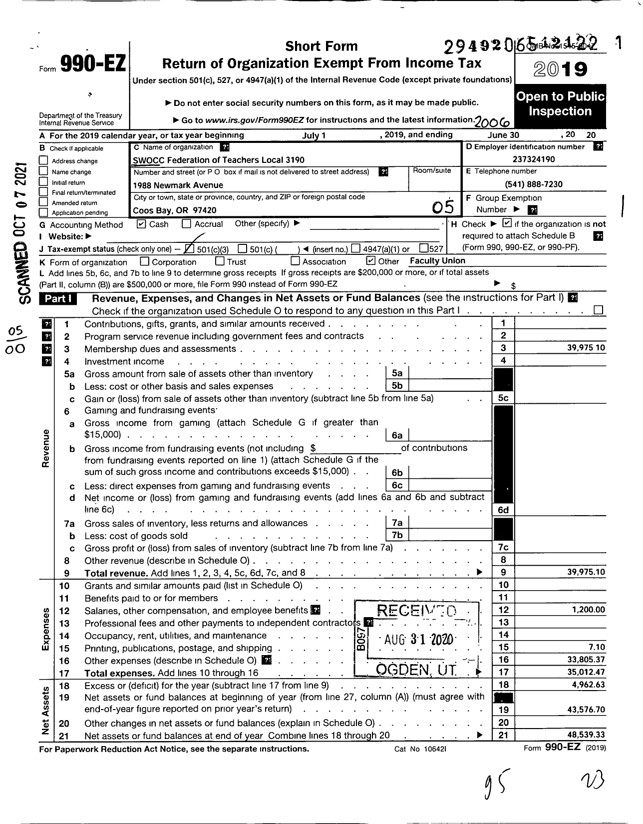 Image of first page of 2019 Form 990EO for American FEDERATION OF TEACHERS - 3190 SWOCC FEDERATION OF TEACHERS