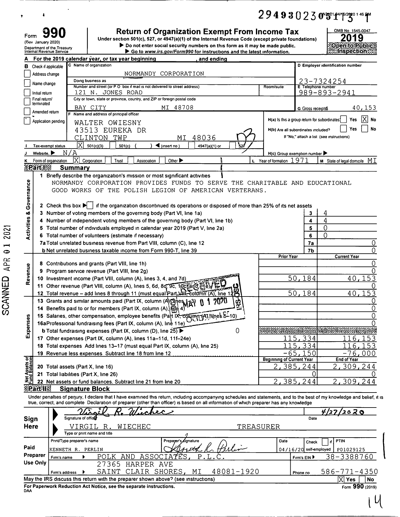 Image of first page of 2019 Form 990 for Normandy Corporation