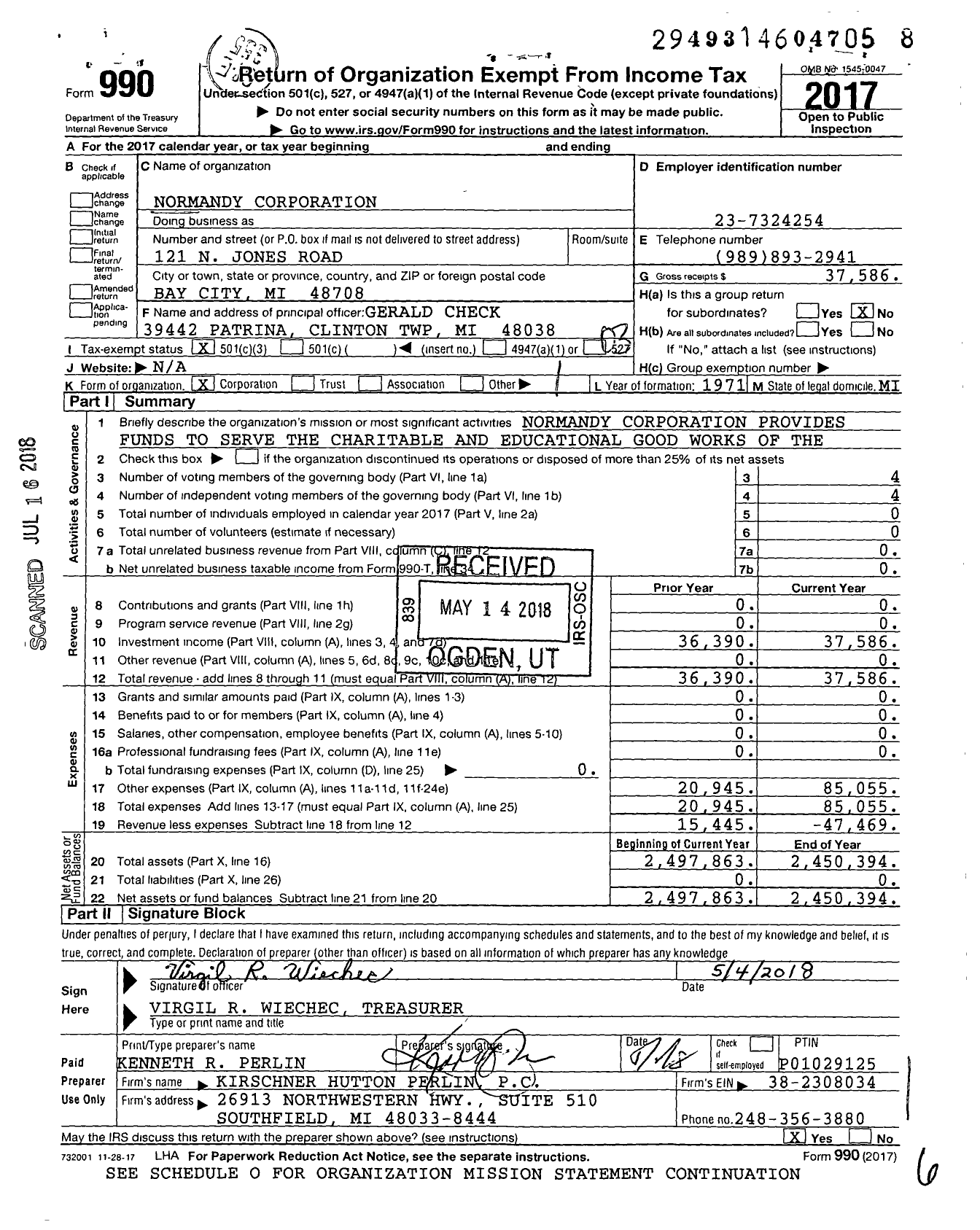 Image of first page of 2017 Form 990 for Normandy Corporation