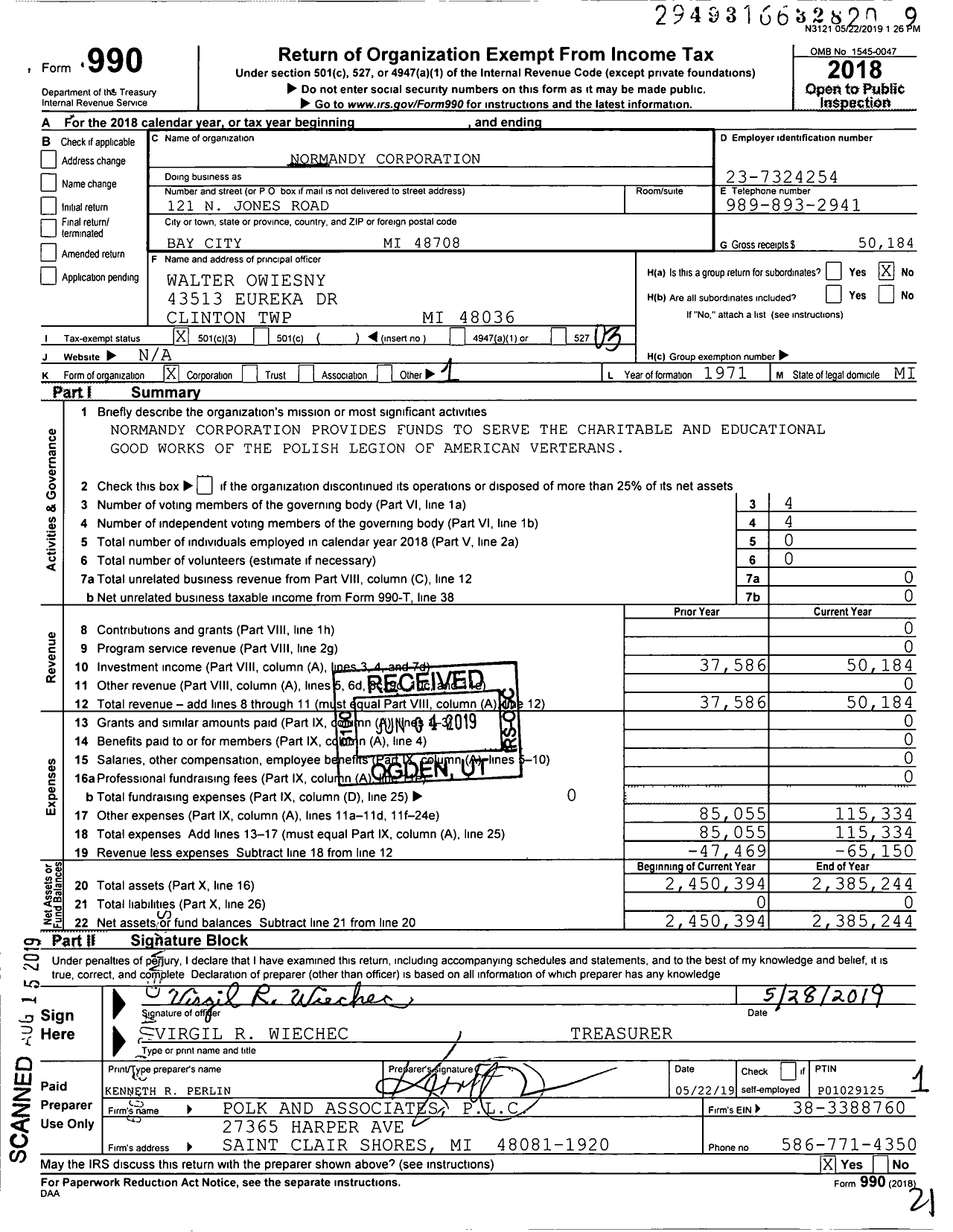Image of first page of 2018 Form 990 for Normandy Corporation