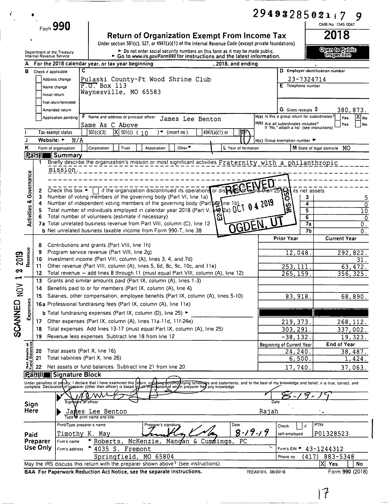 Image of first page of 2018 Form 990O for Shriners International - Pulaski County-Fort Wood Shrine Club