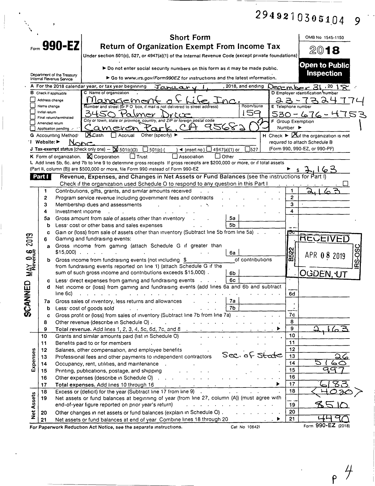 Image of first page of 2018 Form 990EZ for Management of Life Incorporated